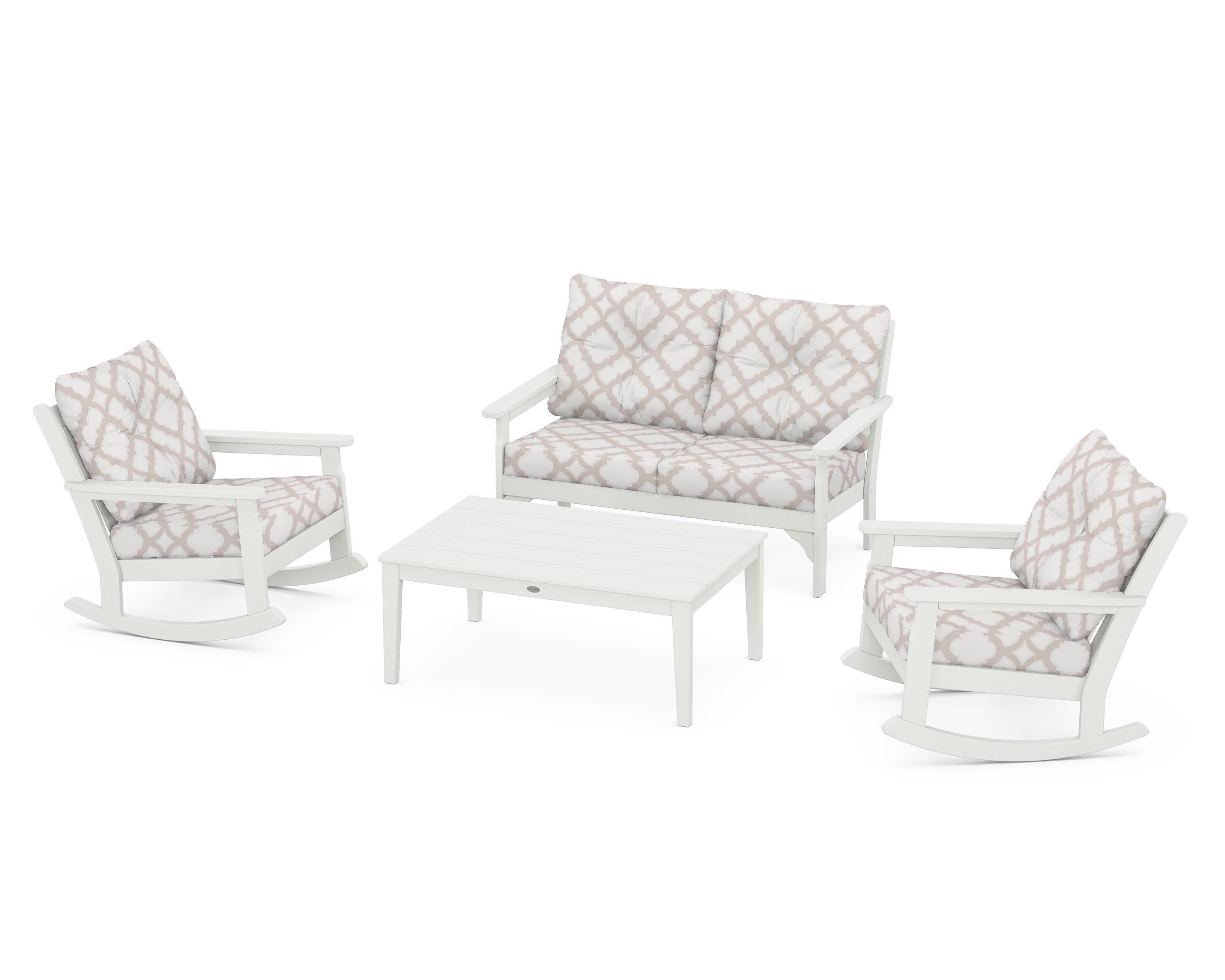 Vineyard 4-Piece Deep Seating Rocking Chair Set in Vintage White / Trellis Dune Burlap