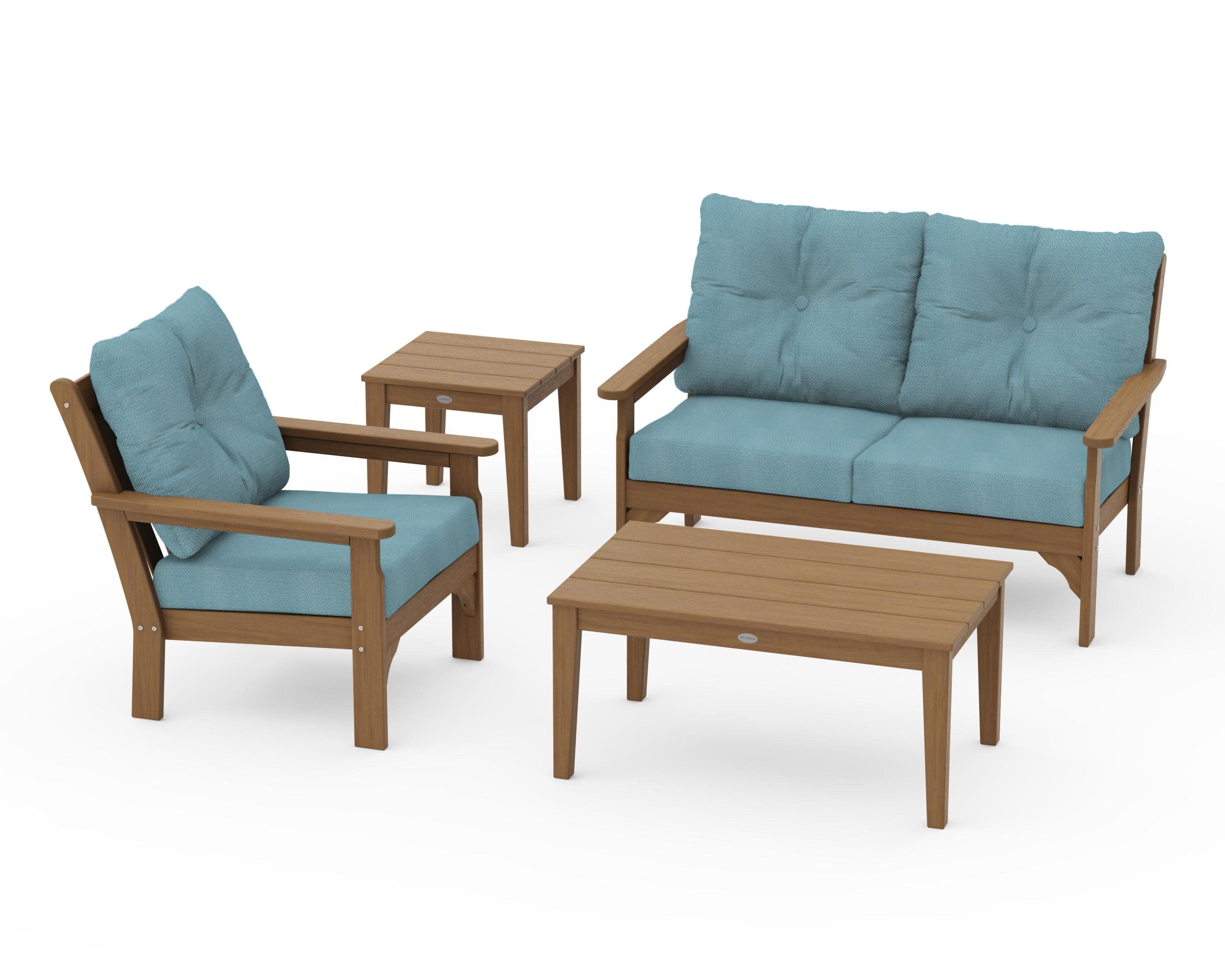 Vineyard 4-Piece Deep Seating Set in Natural / Lattice Sky Blue
