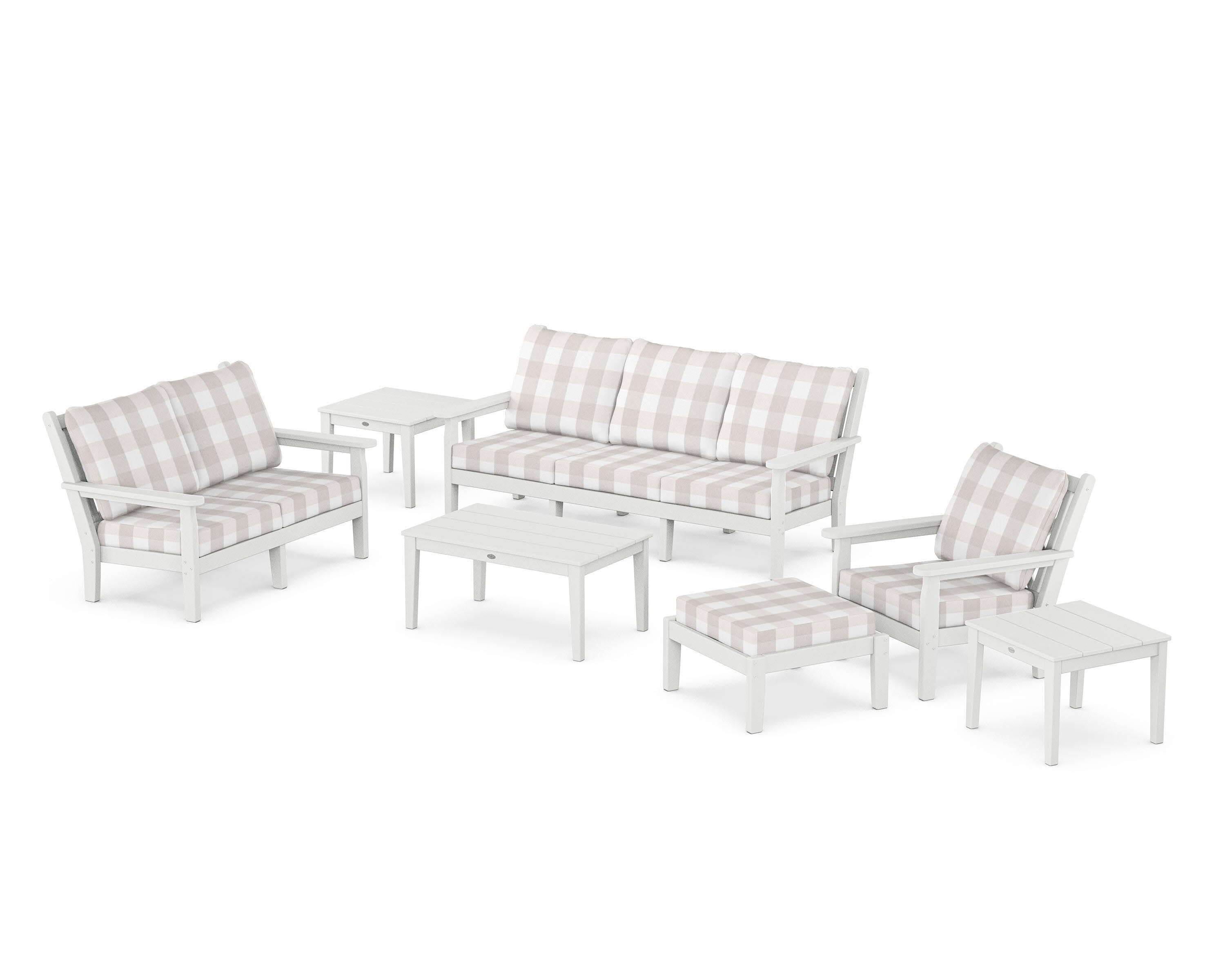 Chippendale 7-Piece Deep Seating Set in White / Buffalo Plaid Dune Burlap