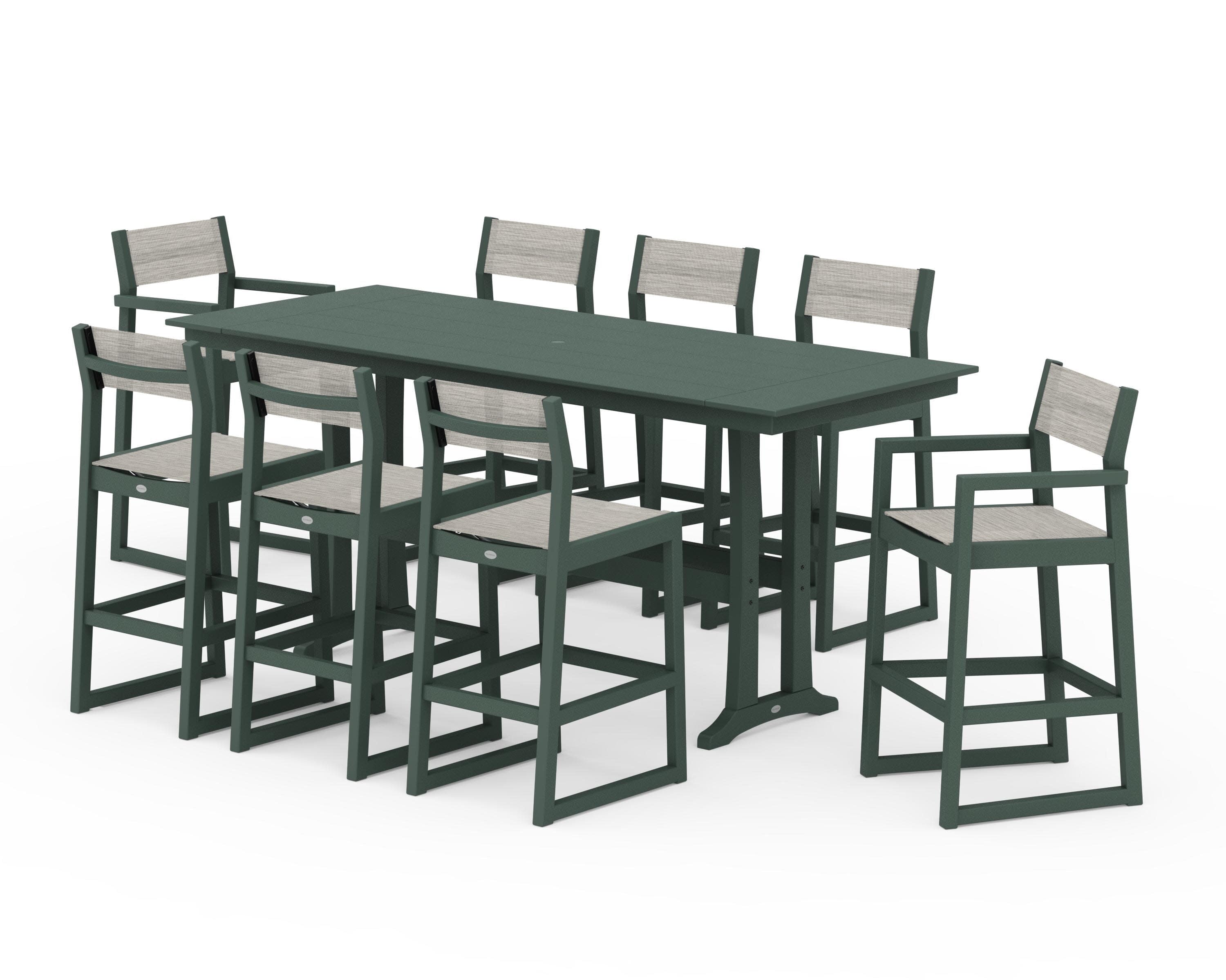 EDGE Sling 9-Piece Farmhouse Bar Set with Trestle Legs in Green / Birch Sling