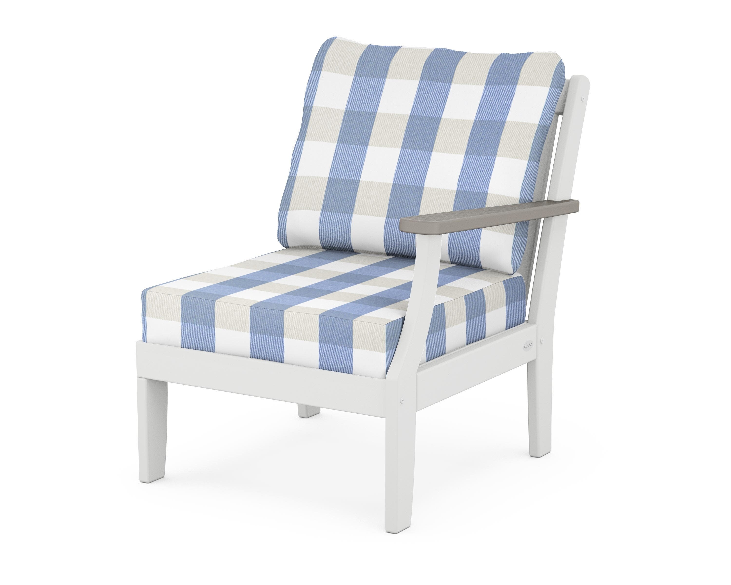 Braxton Modular Right Arm Chair in White / Driftwood / Buffalo Plaid Sky Blue