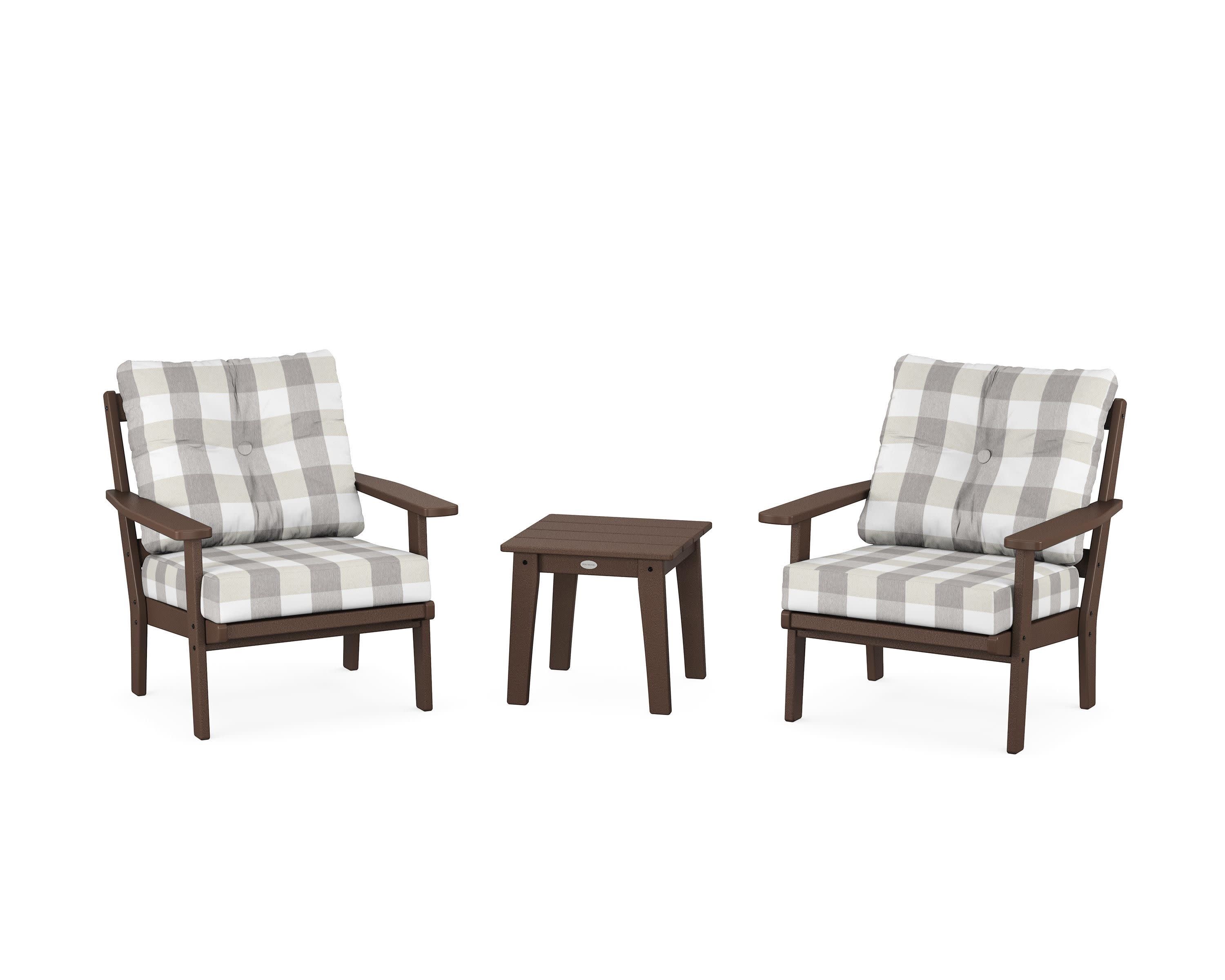 Oxford 3-Piece Deep Seating Set in Mahogany / Buffalo Plaid Grey Mist