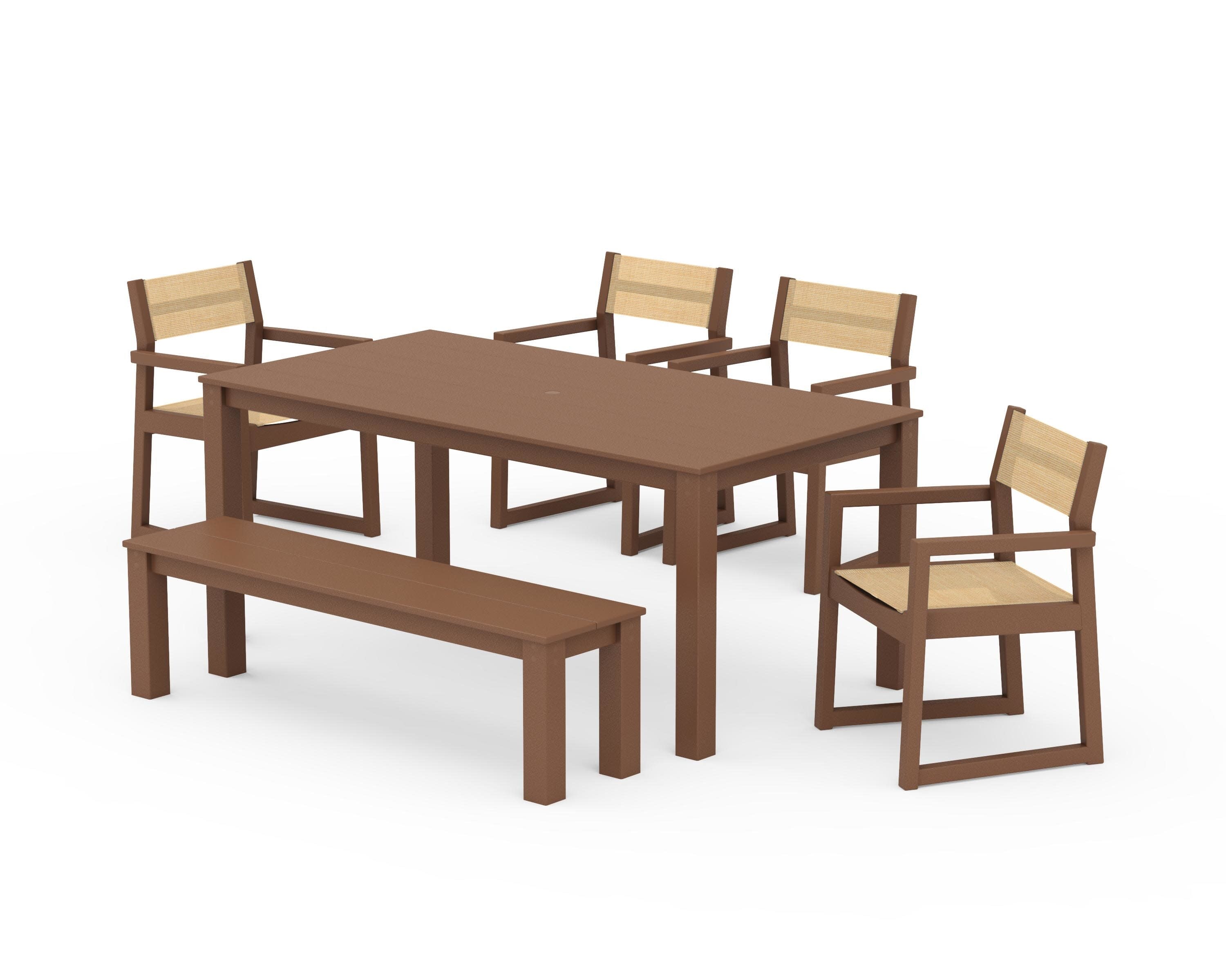 EDGE Sling Arm Chair 6-Piece Parsons Dining Set with Bench in Teak / Dupioni Apricot Sling
