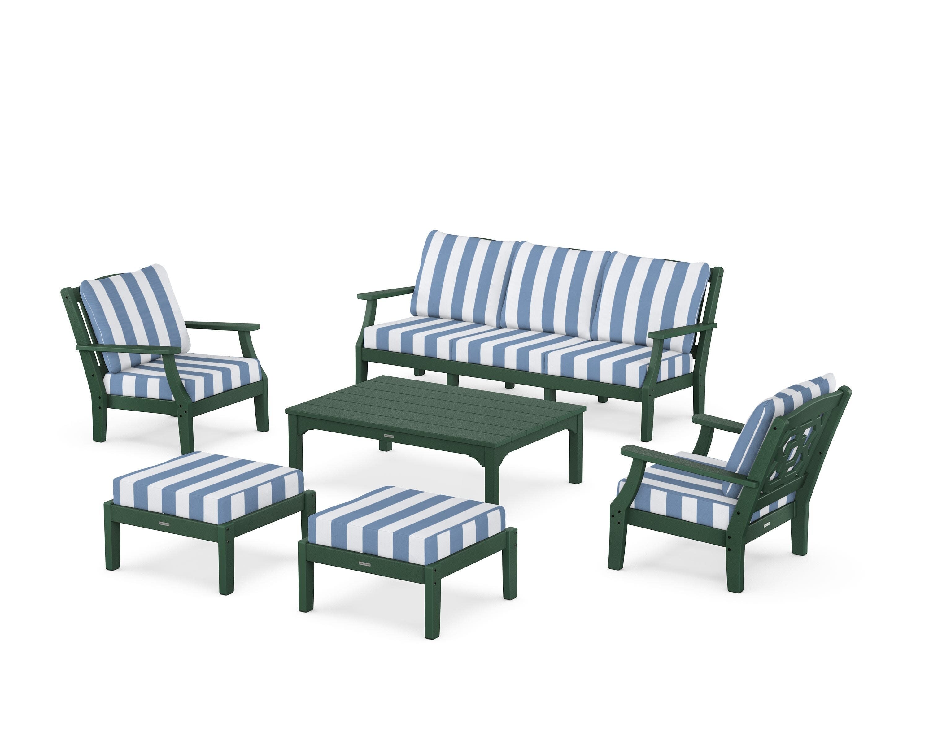 Chinoiserie 6-Piece Lounge Sofa Set in Green / Cabana Stripe Sky Blue