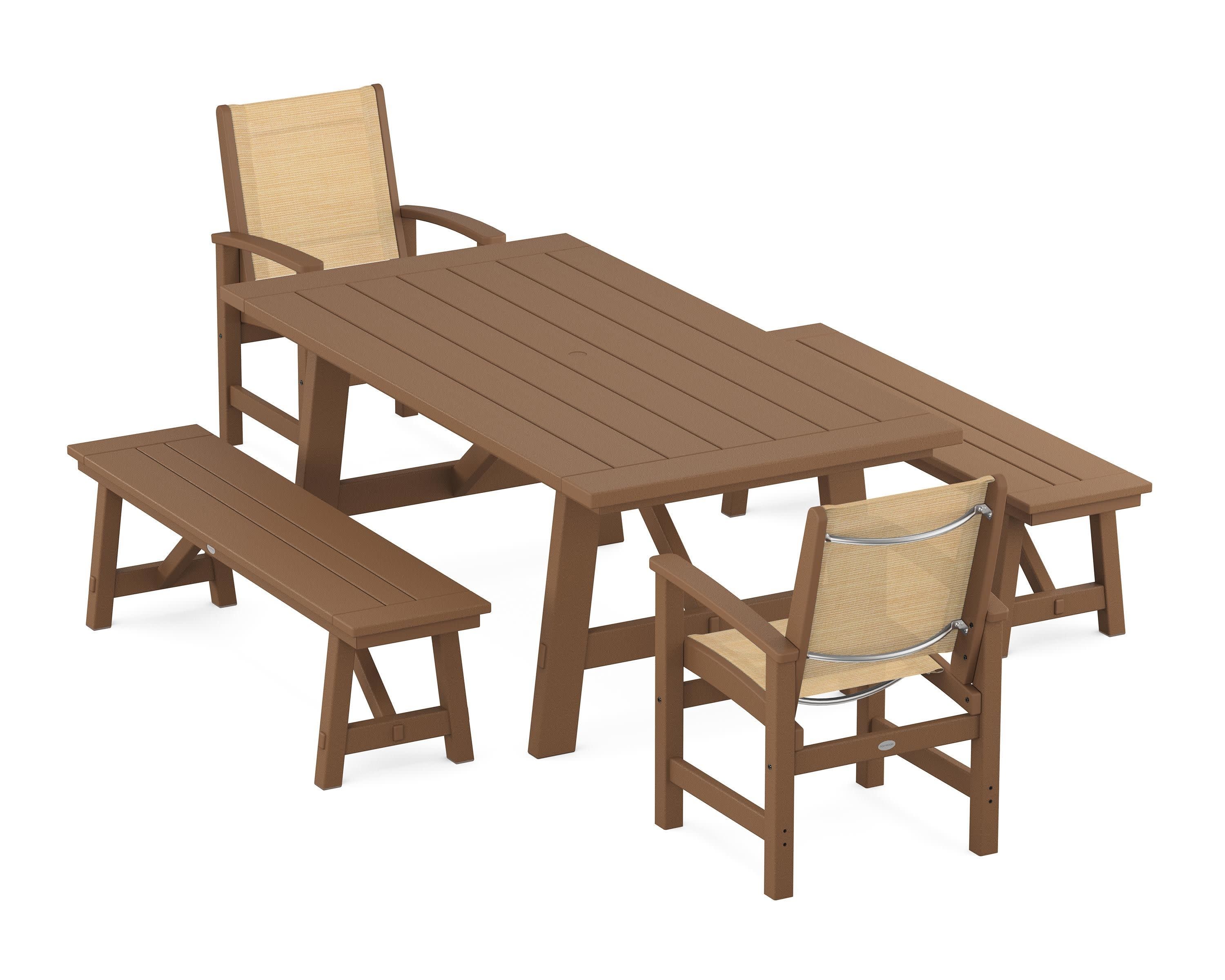 Coastal 5-Piece Rustic Farmhouse Dining Set With Benches in Teak / Dupioni Apricot Sling