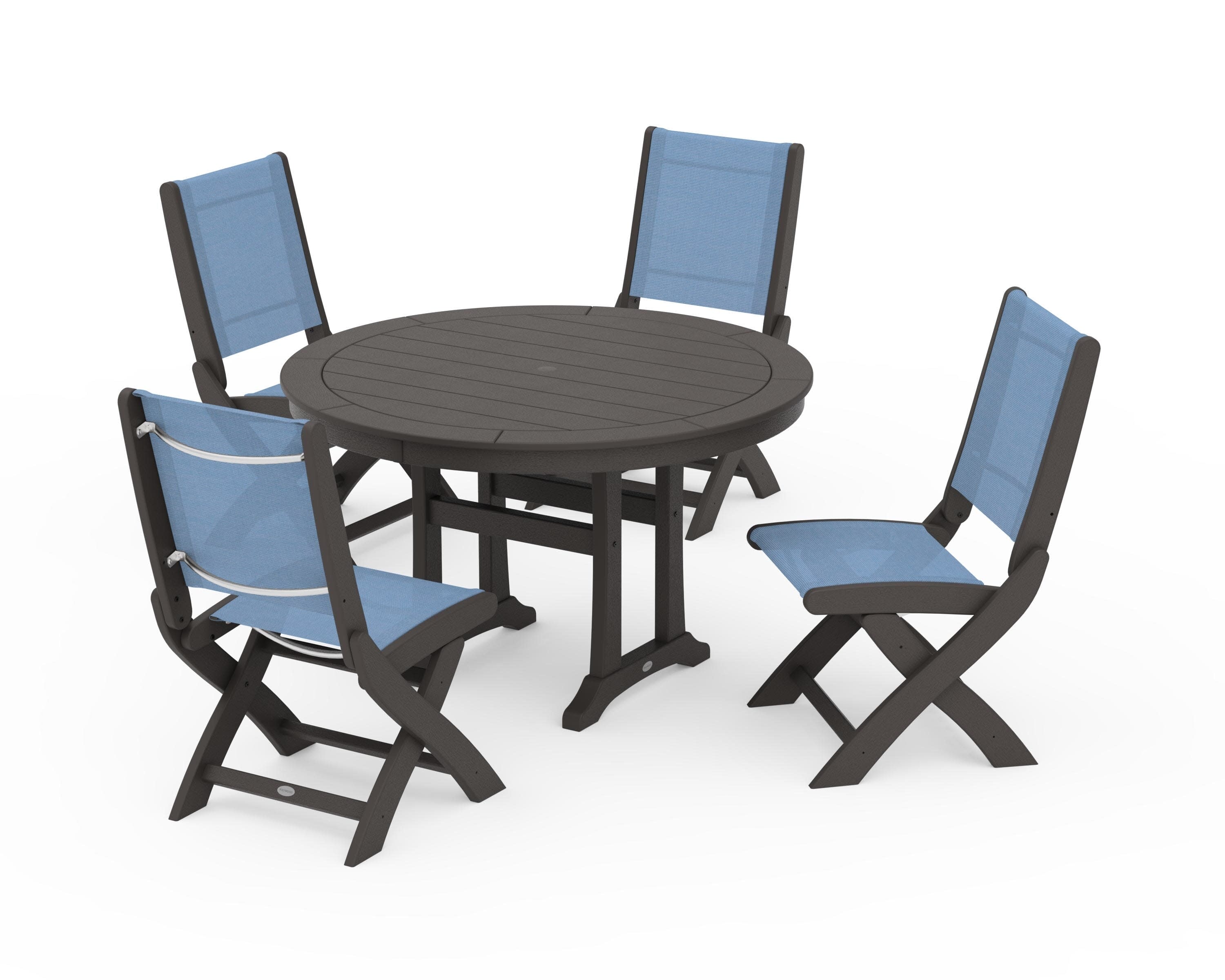 Coastal Folding Side Chair 5-Piece Round Dining Set With Trestle Legs in Vintage Coffee / Poolside Sling