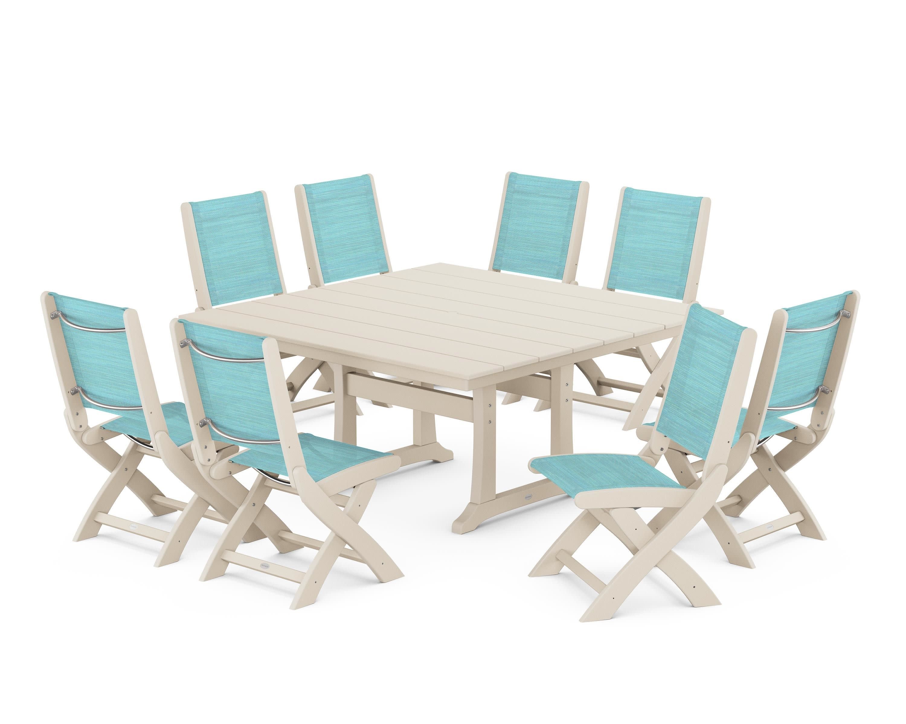 Coastal Folding Side Chair 9-Piece Farmhouse Dining Set in Sand / Dupioni Aquamarine Sling