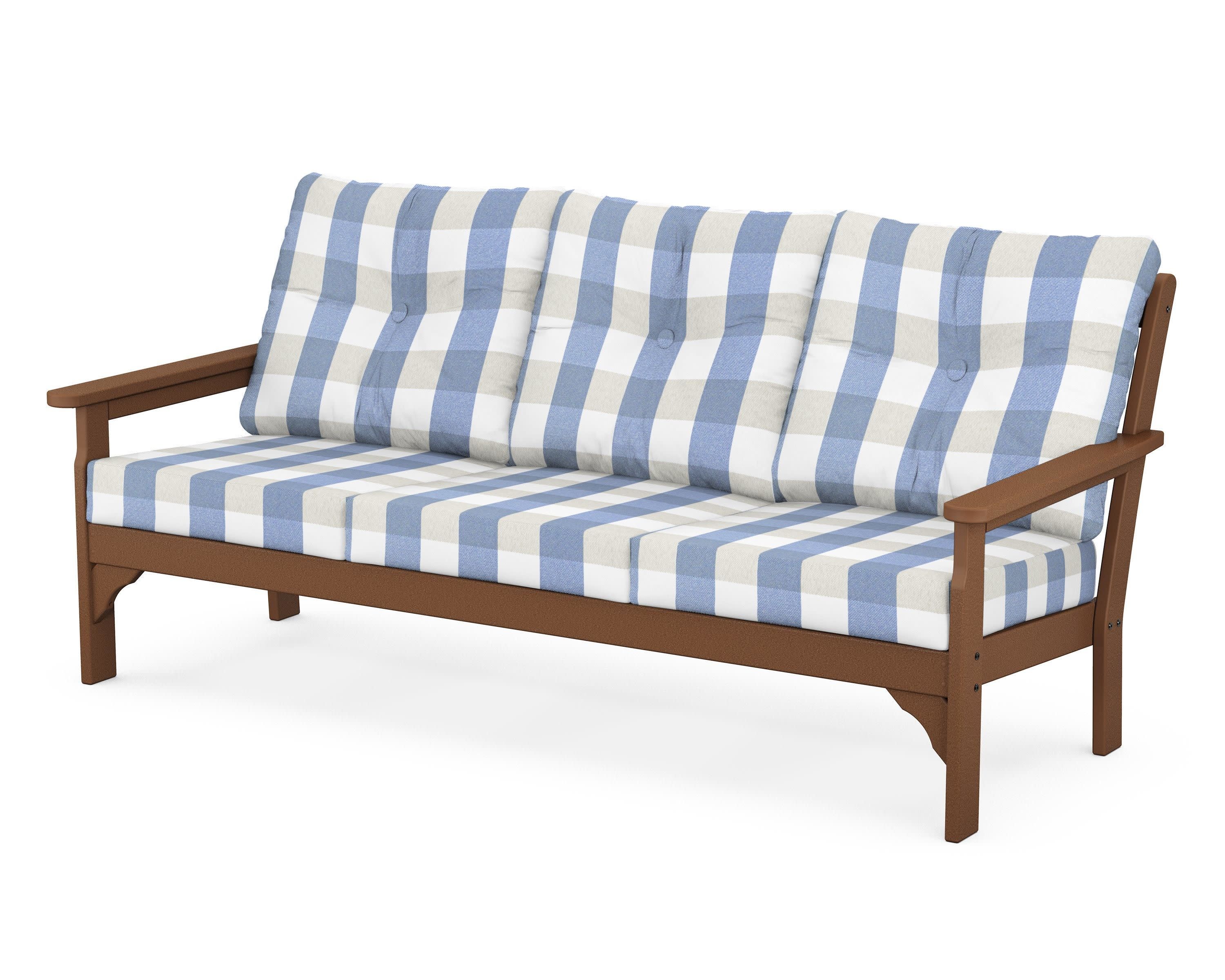Vineyard Deep Seating Sofa in Teak / Buffalo Plaid Sky Blue