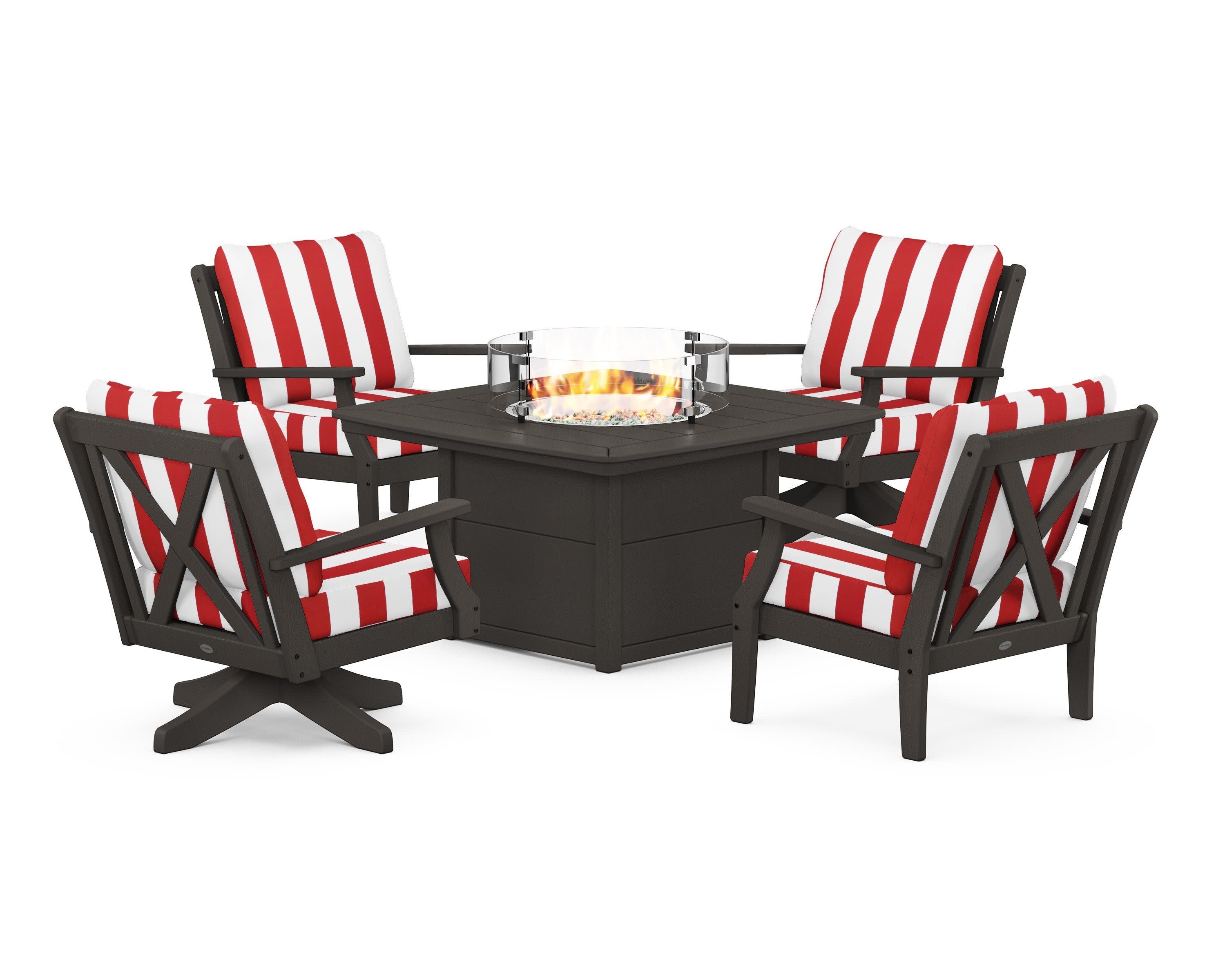 Braxton 5-Piece Deep Seating Set with Fire Table in Vintage Coffee / Cabana Stripe Crimson