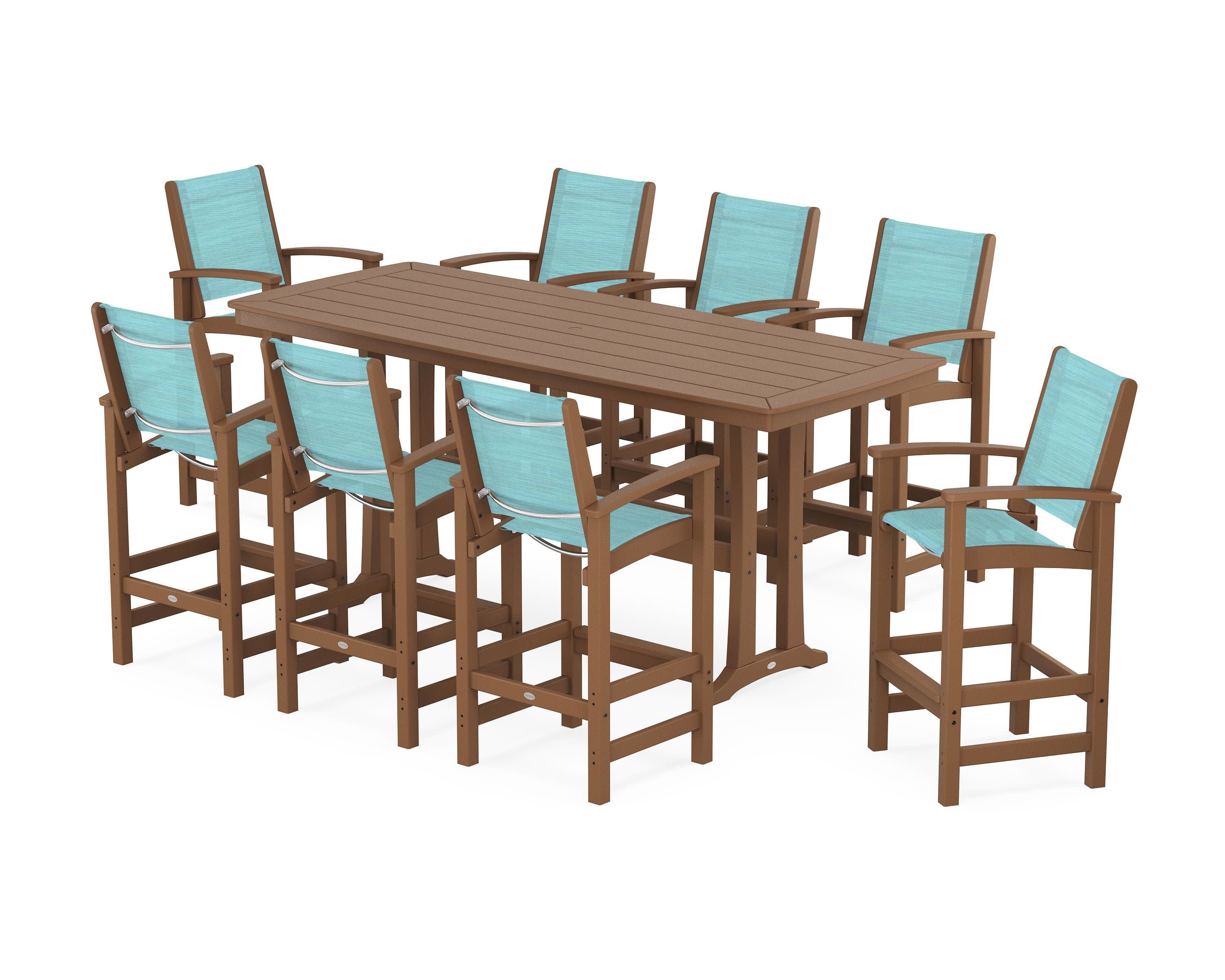 Coastal 9-Piece Bar Set with Trestle Legs in Teak / Dupioni Aquamarine Sling