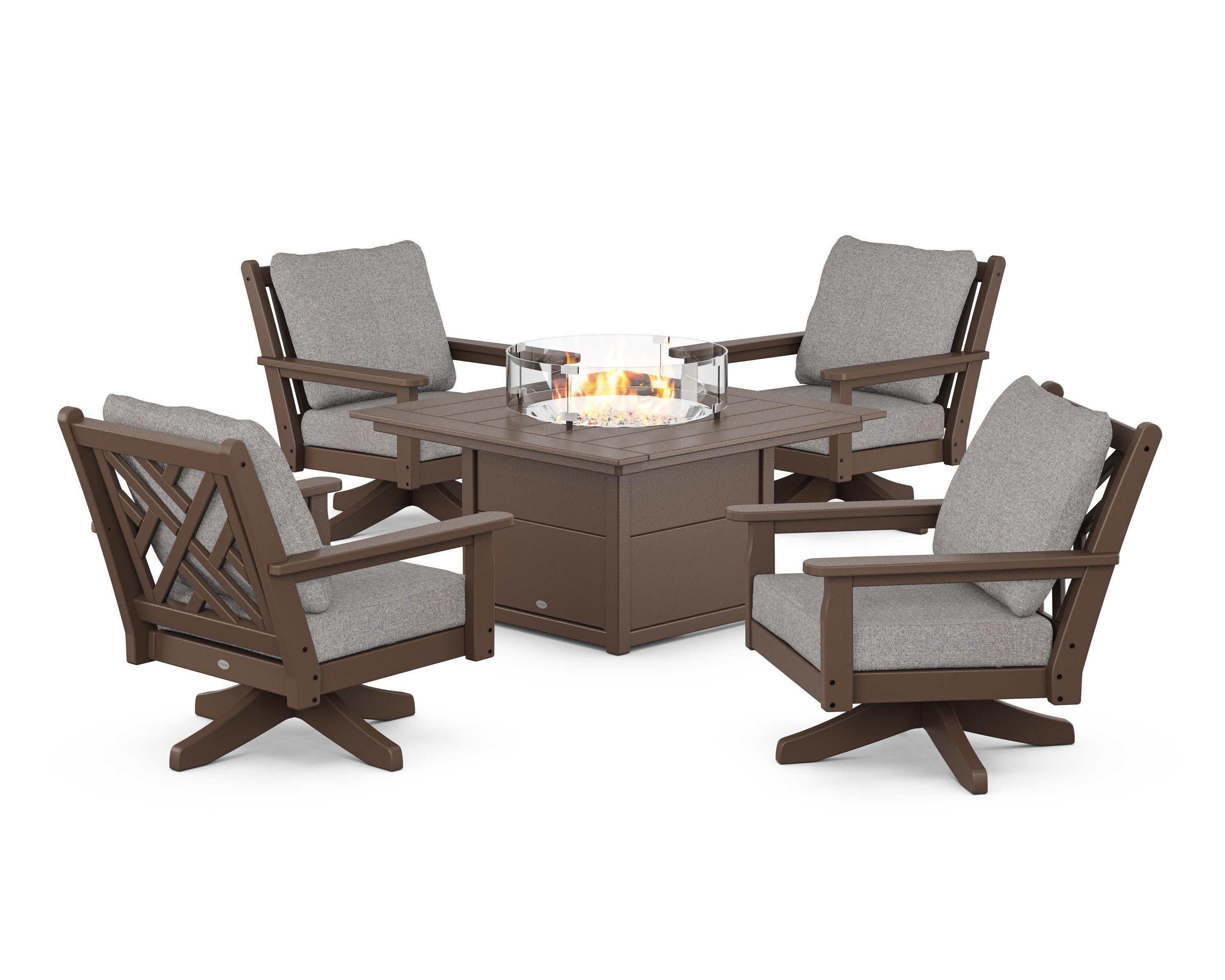 Chippendale 5-Piece Deep Seating Swivel Conversation Set with Fire Pit Table in Mahogany / Grey Mist