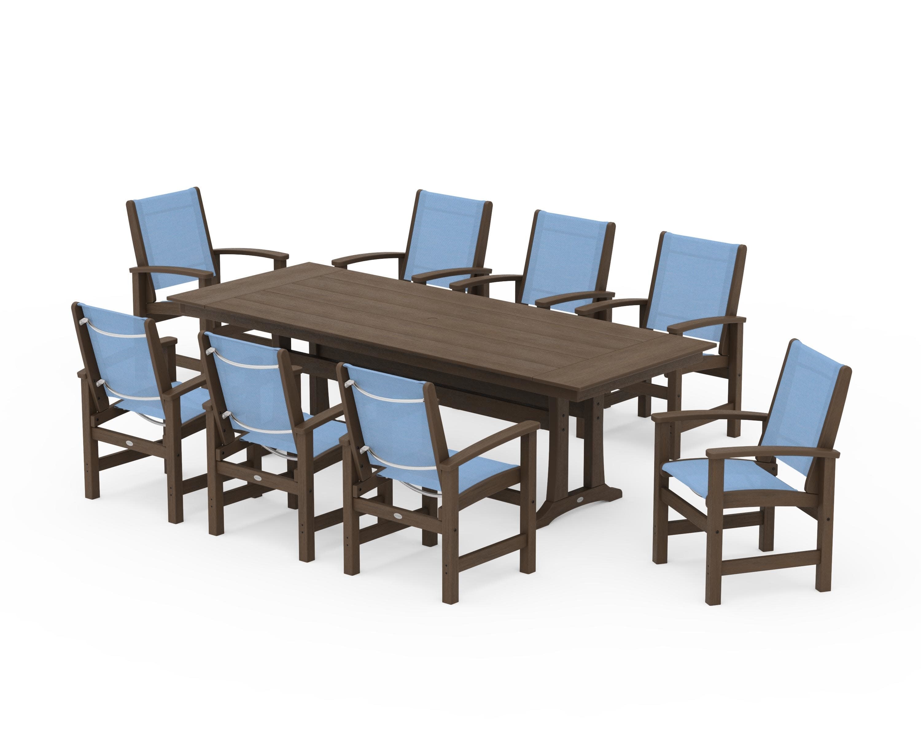 Coastal 9-Piece Farmhouse Dining Set with Trestle Legs in Kona / Poolside Sling