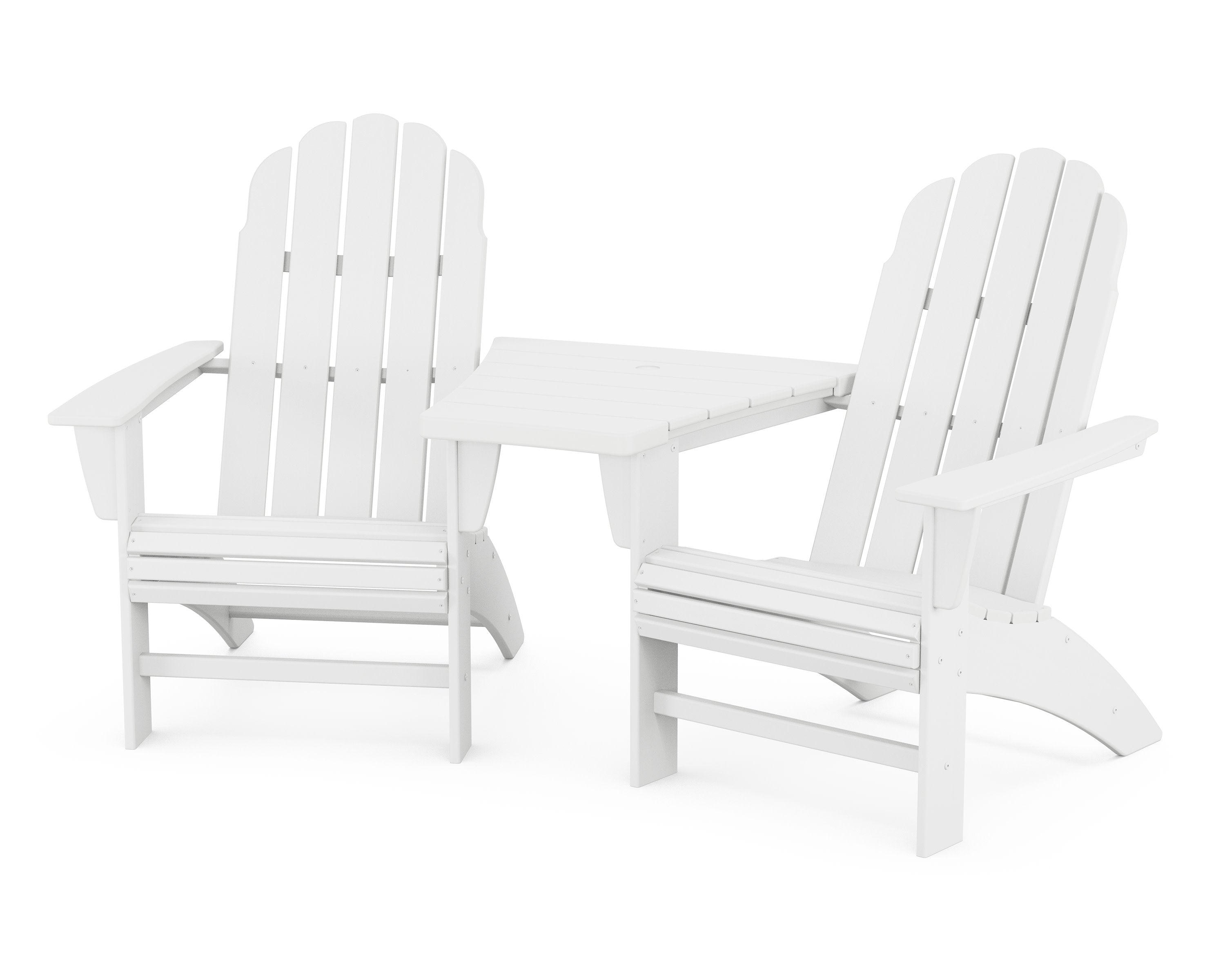 Vineyard 3-Piece Curveback Adirondack Set with Angled Connecting Table in White