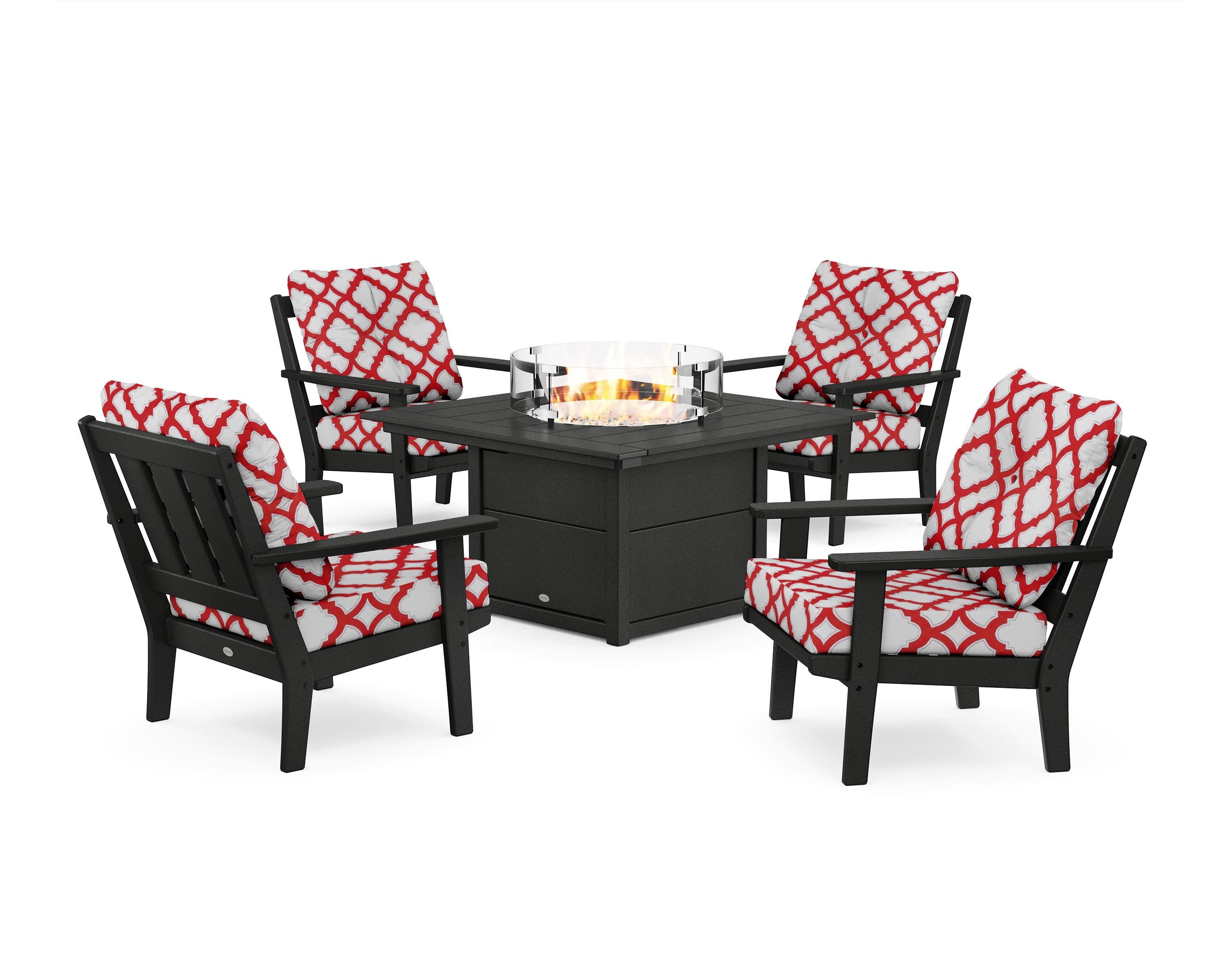 Oxford 5-Piece Deep Seating Set with Fire Pit Table in Black / Trellis Crimson