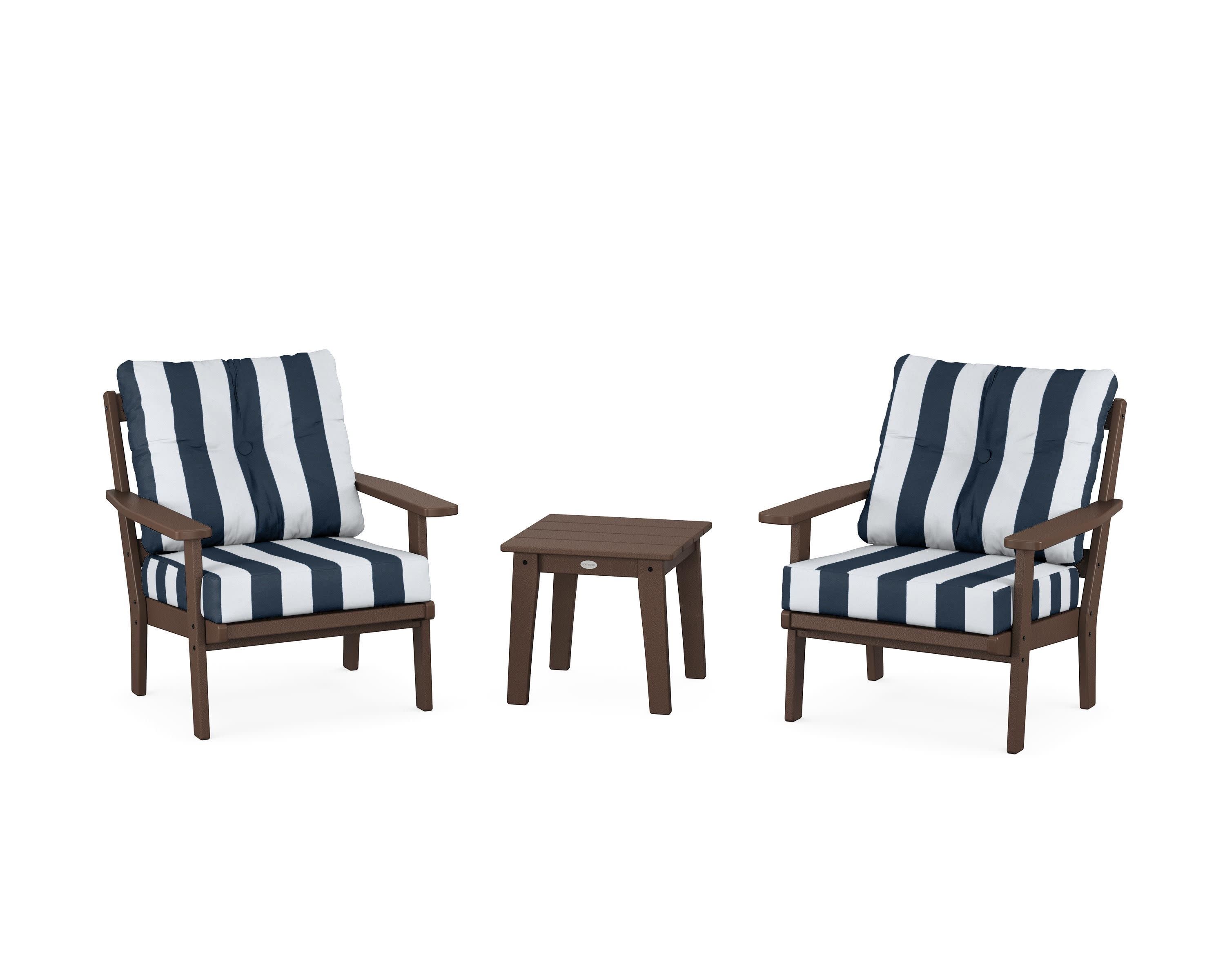 Oxford 3-Piece Deep Seating Set in Mahogany / Cabana Stripe Marine Indigo