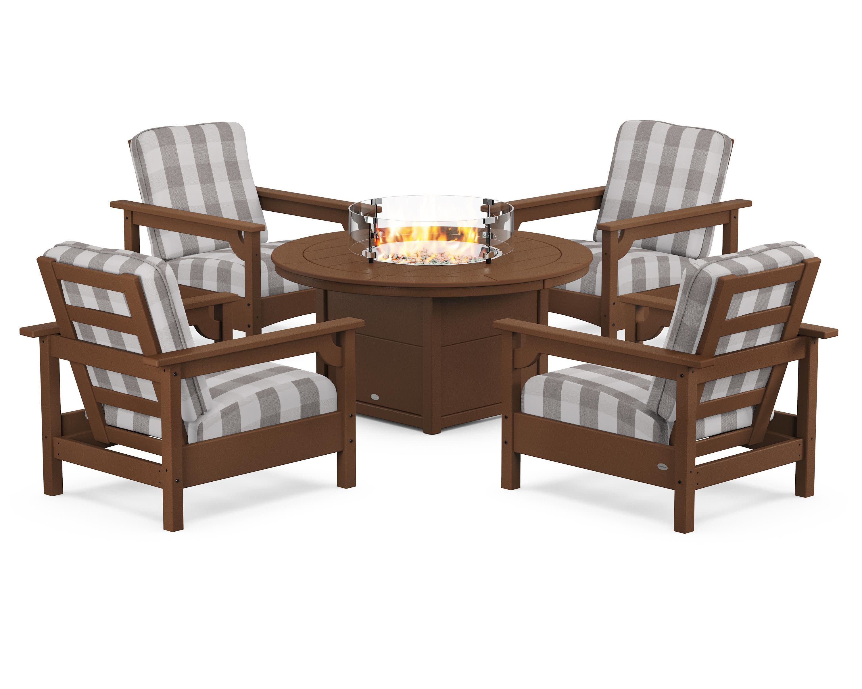 Club 5-Piece Conversation Set with Fire Pit Table in Teak / Buffalo Plaid Grey Mist