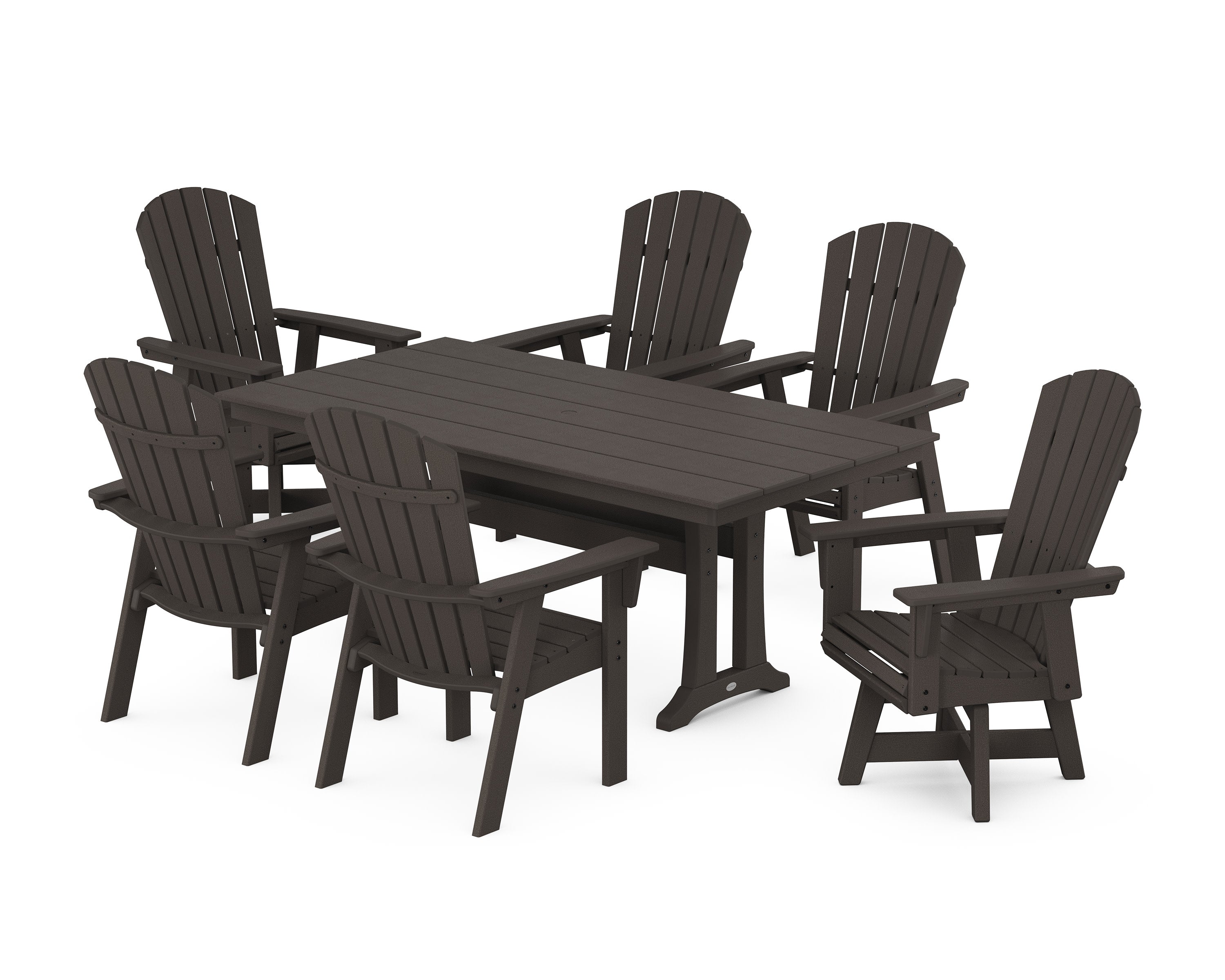 Nautical Curveback Adirondack Swivel Chair 7-Piece Farmhouse Dining Set With Trestle Legs in Vintage Coffee