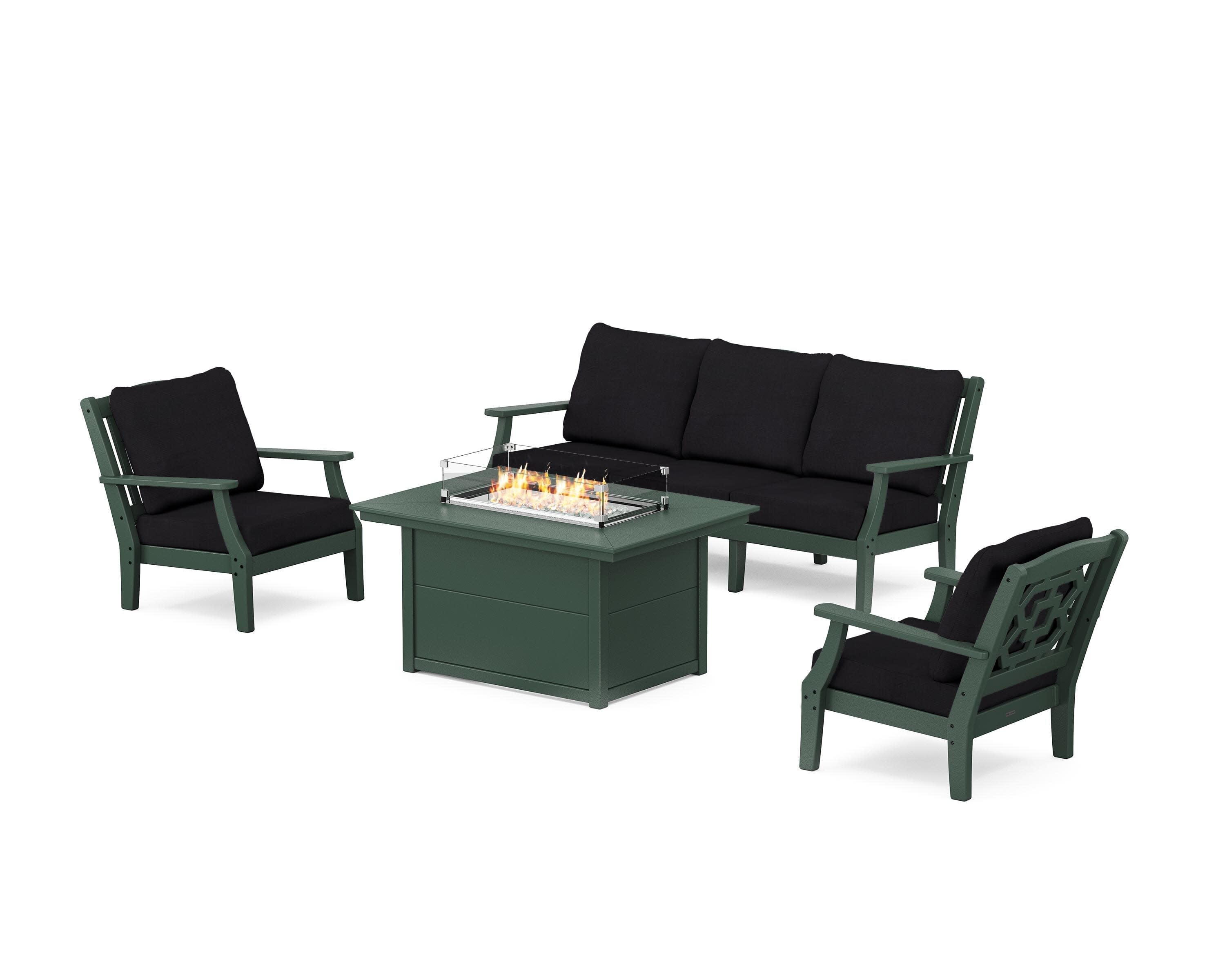 Chinoiserie Deep Seating Fire Pit Table Set in Green / Midnight Linen
