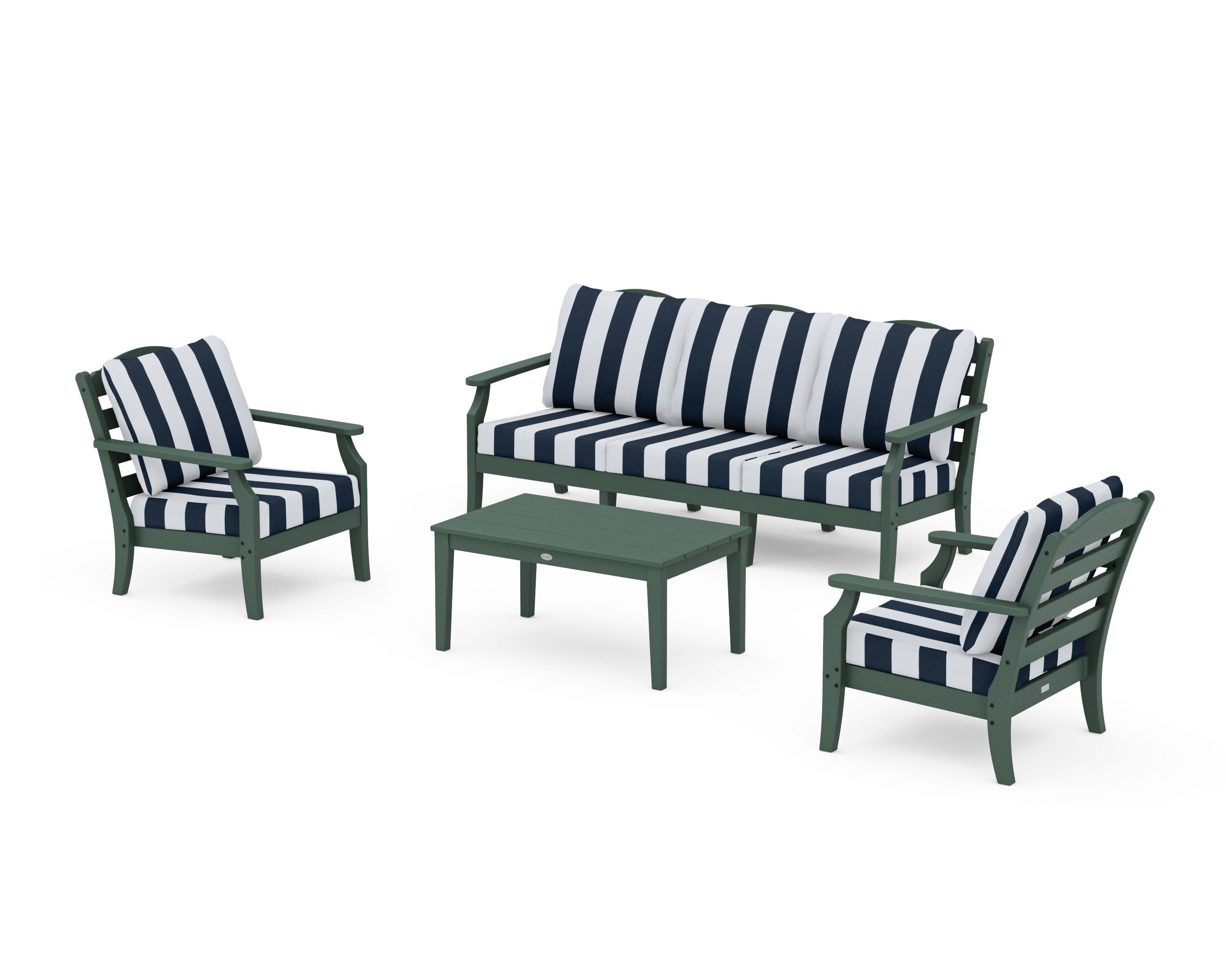 Savannah 4-Piece Deep Seating Set with Sofa in Green / Cabana Stripe Marine Indigo