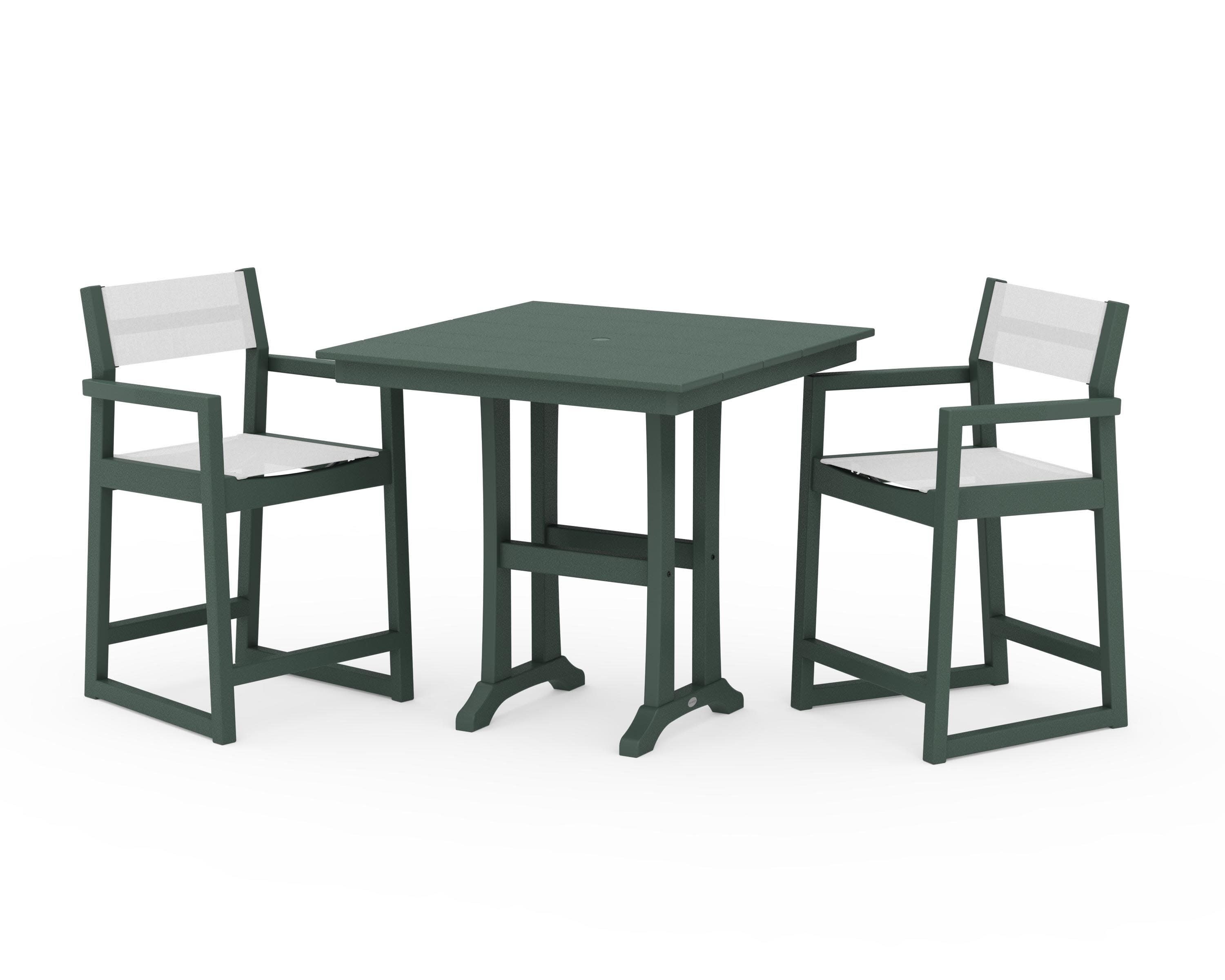 EDGE Sling Arm Chair 3-Piece Farmhouse Counter Set with Trestle Legs in Green / White Sling