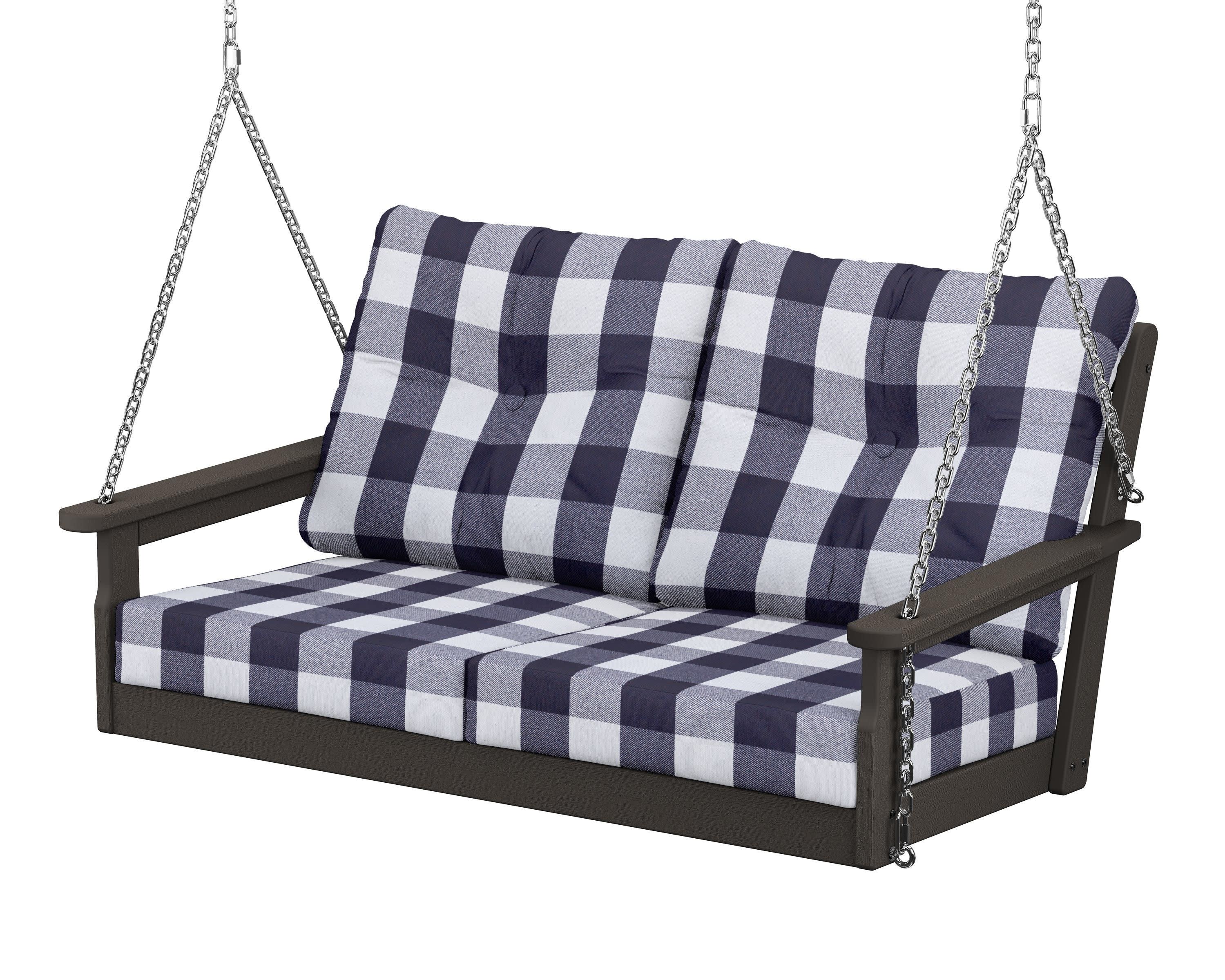 Vineyard Deep Seating Swing in Vintage Coffee / Buffalo Plaid Navy