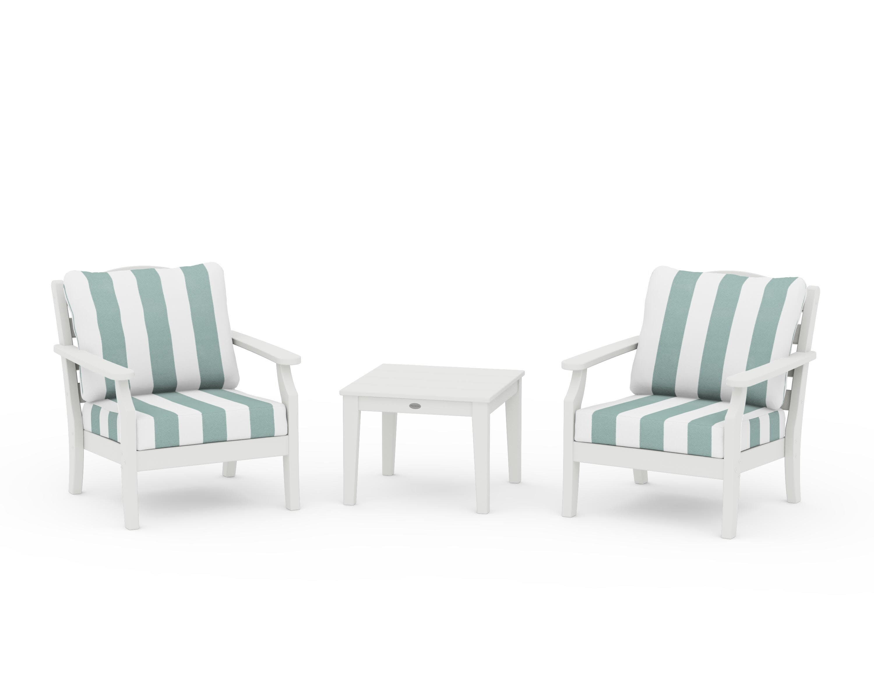 Savannah 3-Piece Deep Seating Set in Vintage White / Cabana Stripe Glacier Spa
