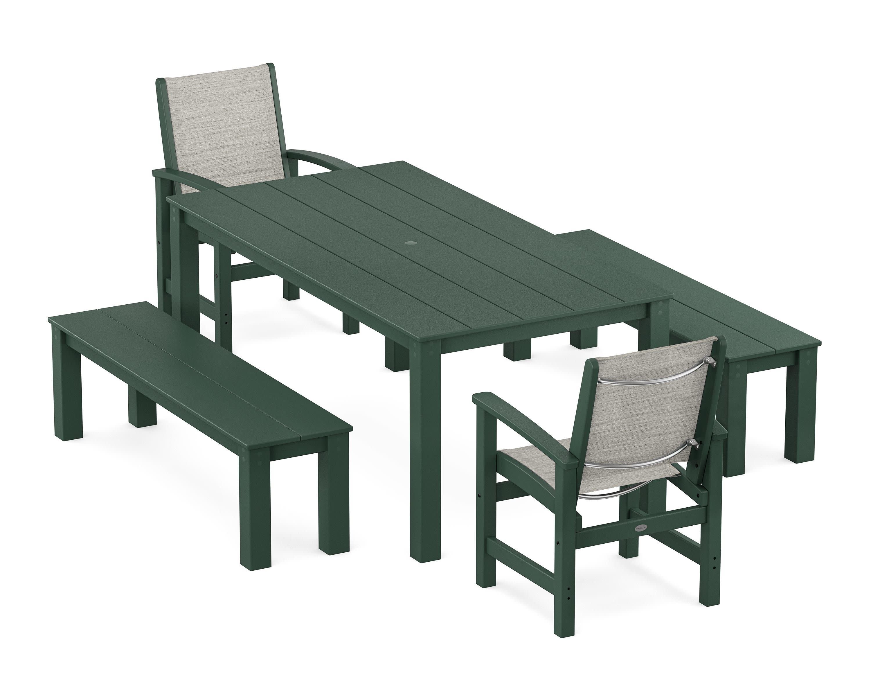 Coastal 5-Piece Parsons Dining Set with Benches in Green / Birch Sling