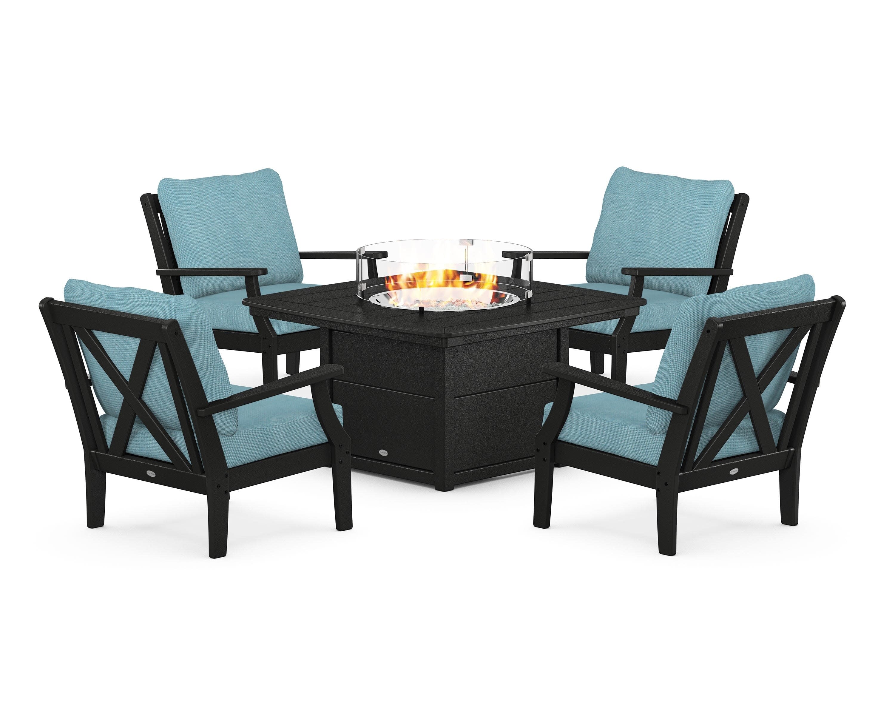 Braxton 5-Piece Deep Seating Conversation Set with Fire Pit Table in Black / Lattice Sky Blue