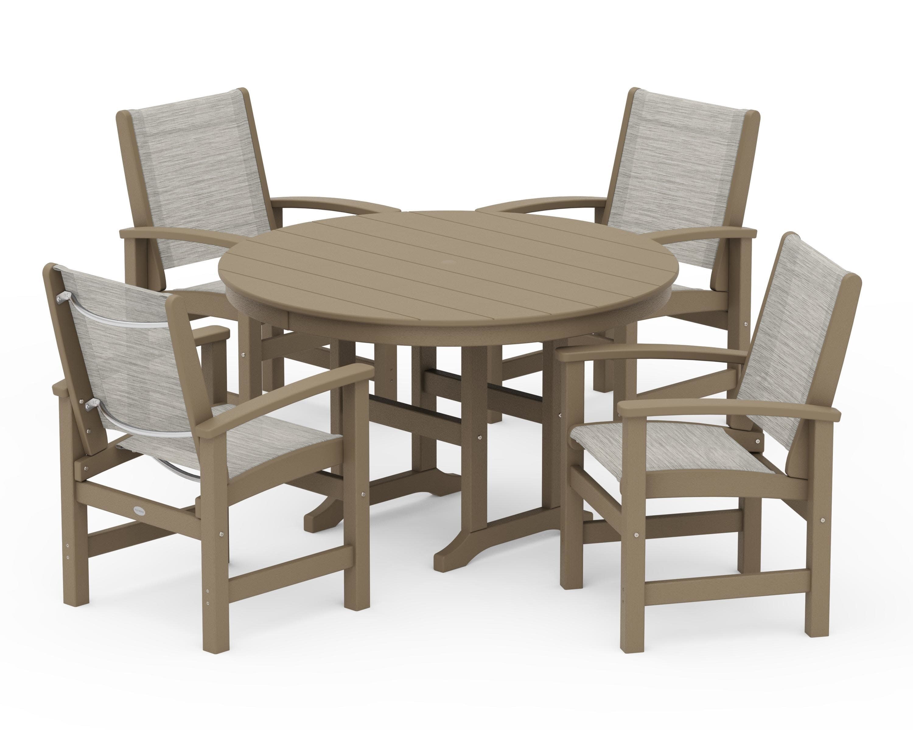 Coastal 5-Piece Round Farmhouse Dining Set in Vintage Sahara / Birch Sling