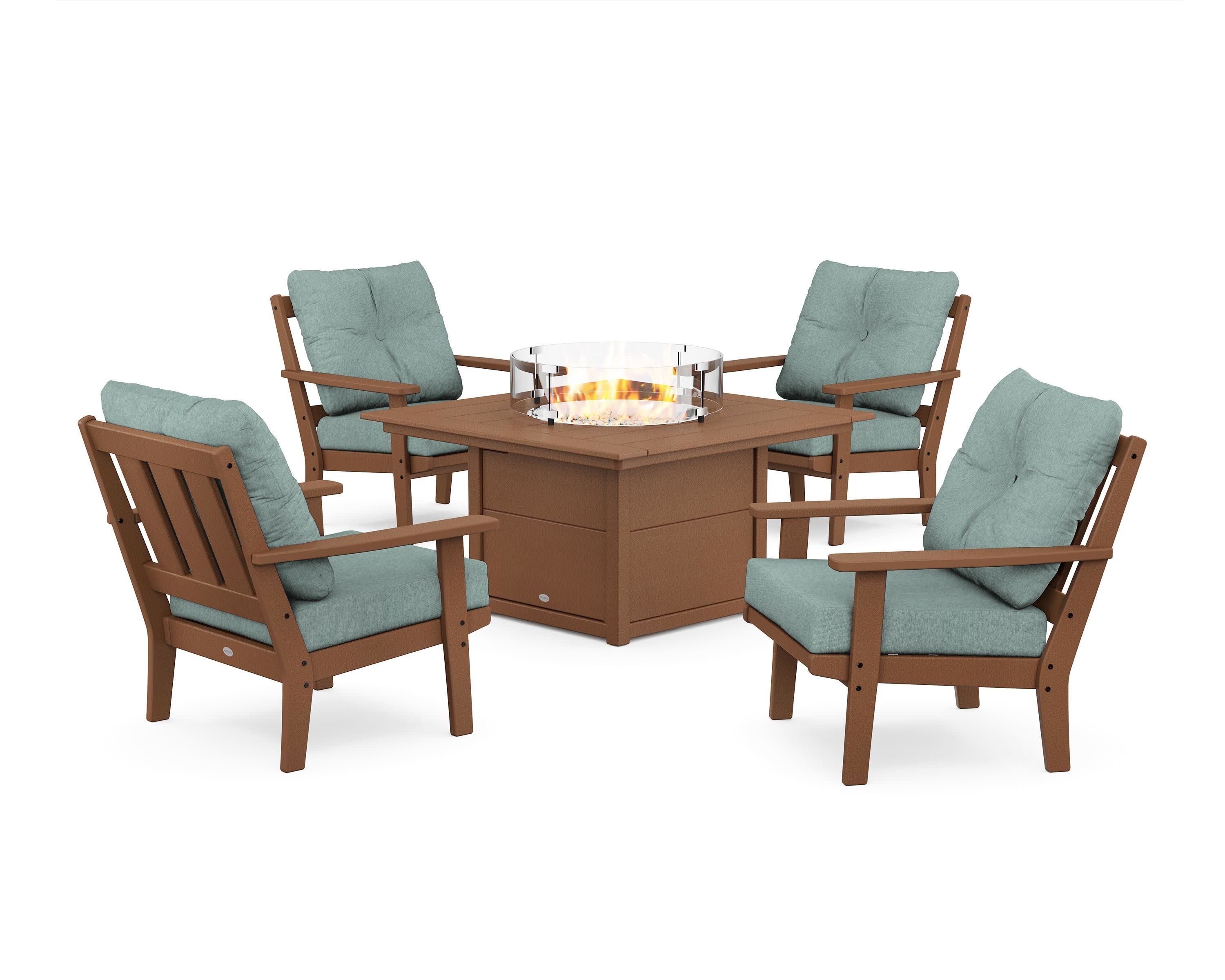 Oxford 5-Piece Deep Seating Set with Fire Pit Table in Teak / Glacier Spa