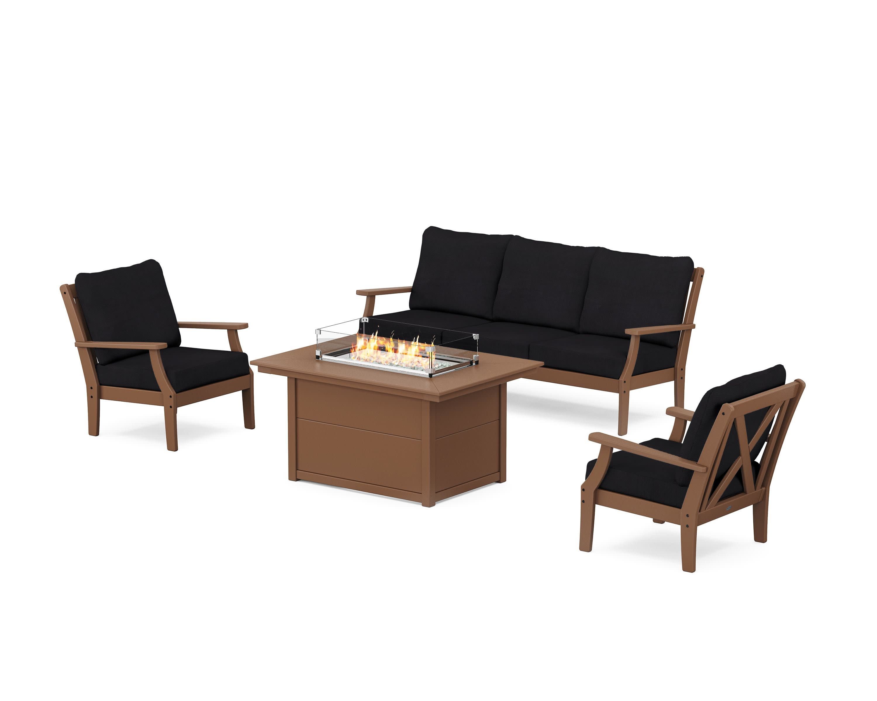 Braxton Deep Seating Fire Pit Table Set in Teak / Midnight Linen