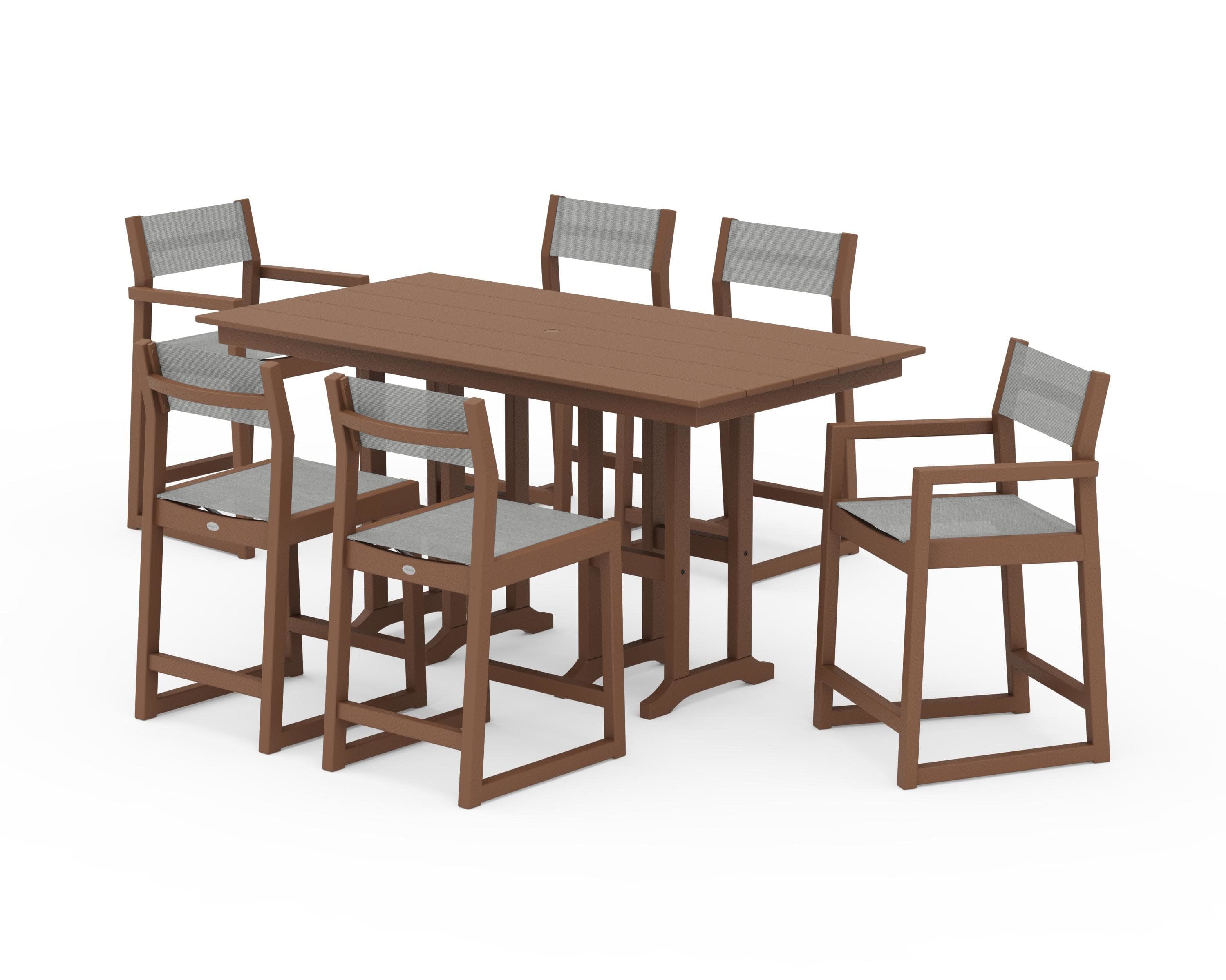 EDGE Sling 7-Piece Farmhouse Counter Set with Trestle Legs in Teak / Metallic Sling