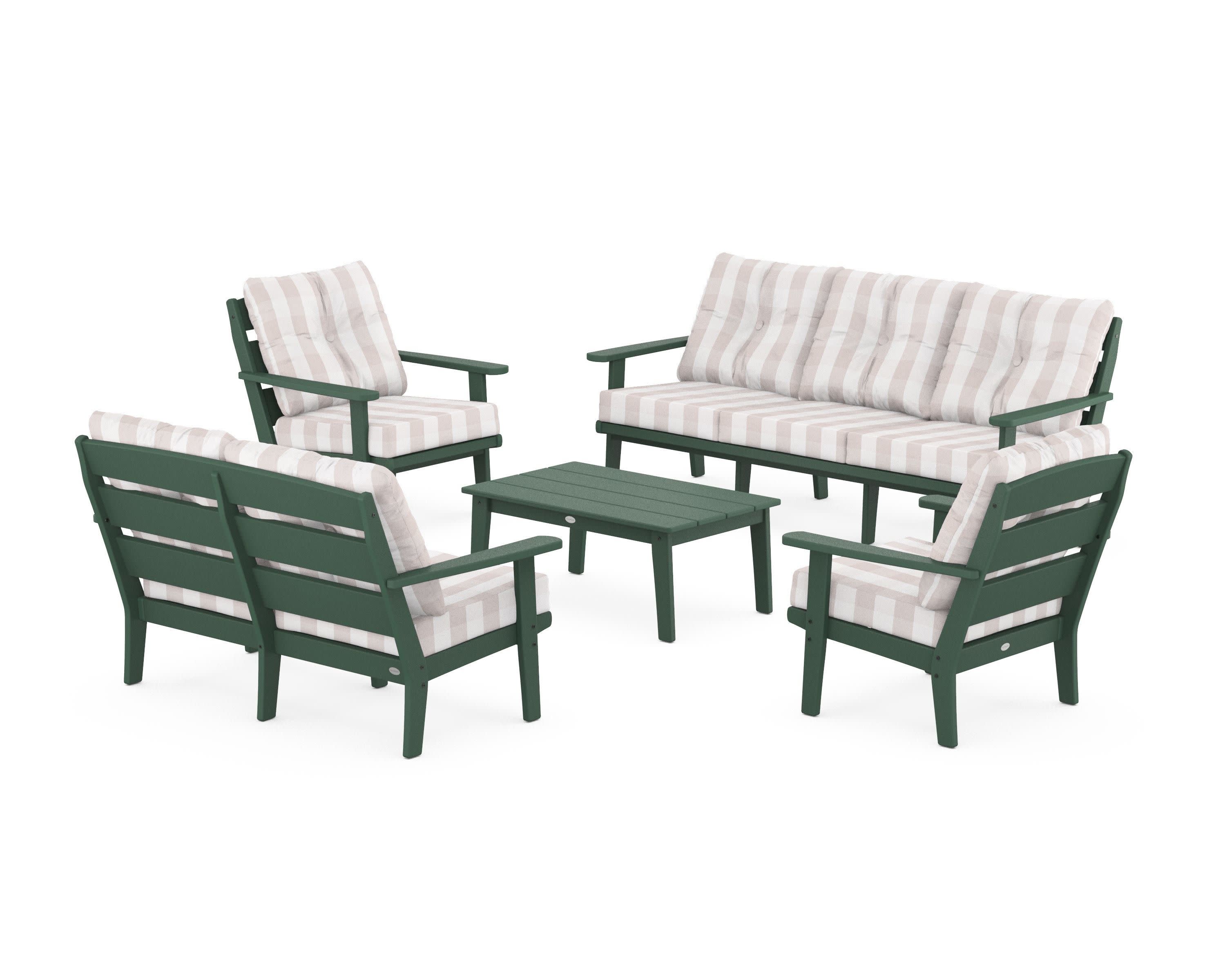 Lakeside 5-Piece Lounge Sofa Set in Green / Buffalo Plaid Dune Burlap