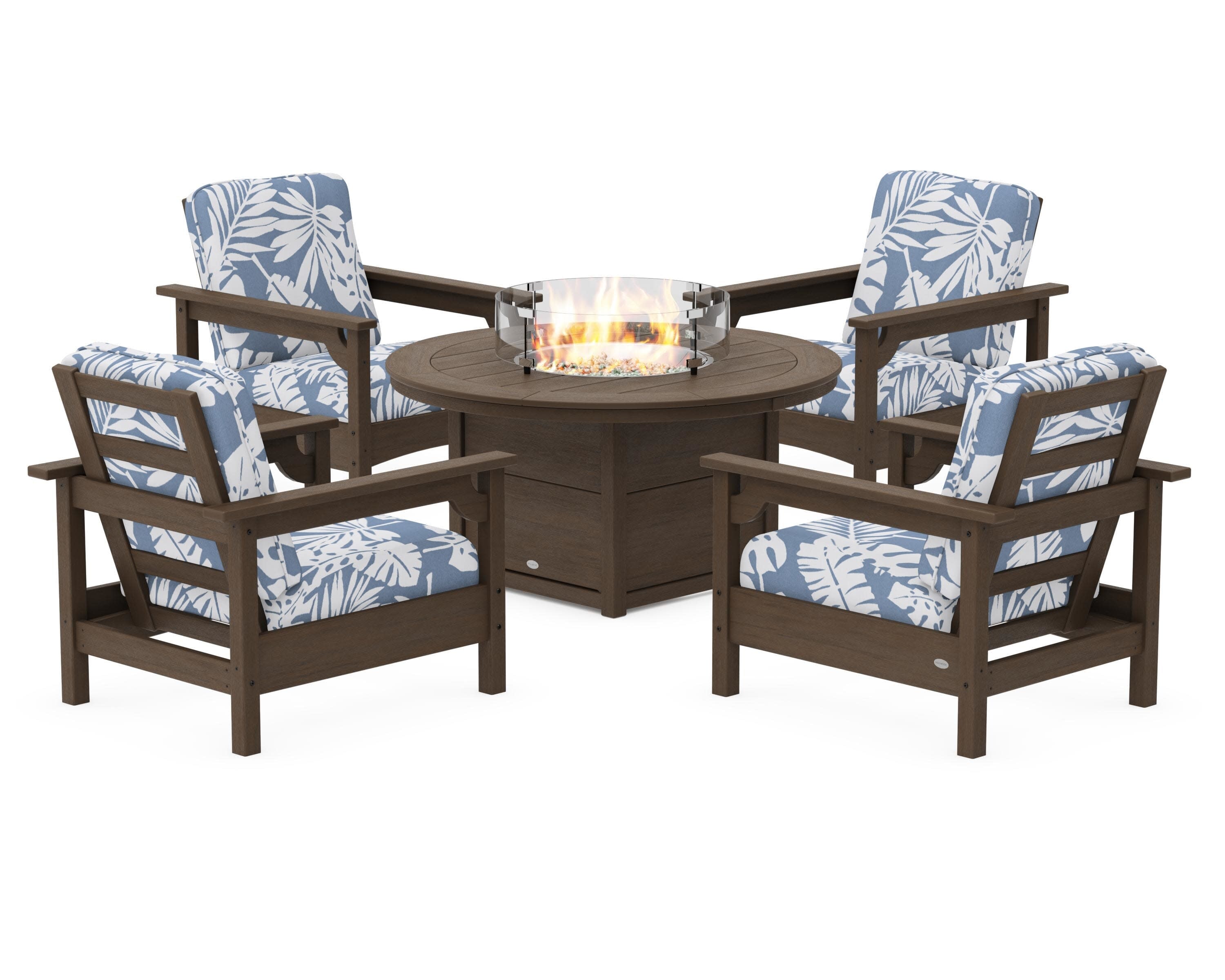 Club 5-Piece Conversation Set with Fire Pit Table in Kona / Leaf Sky Blue