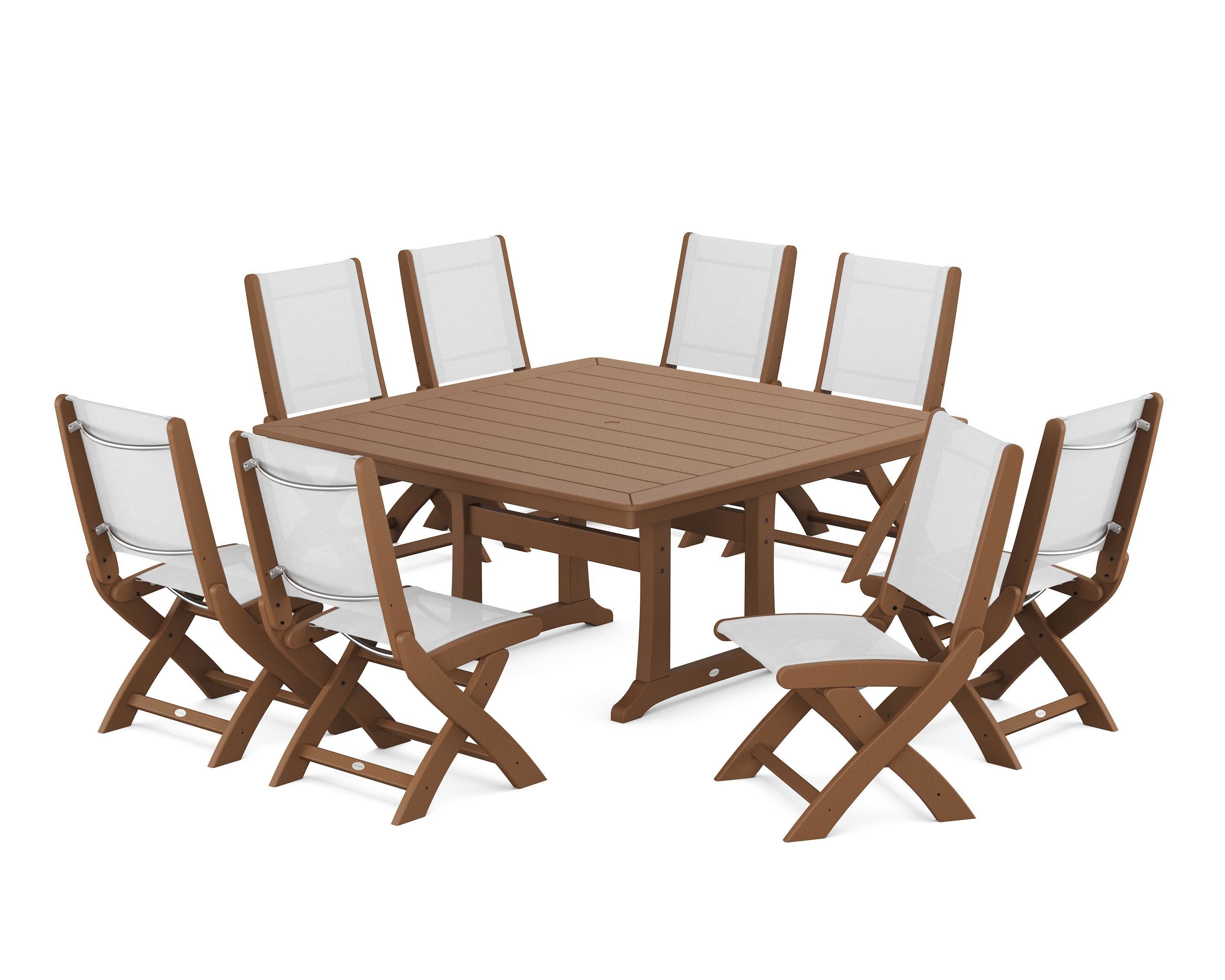 Coastal Folding Side Chair 9-Piece Dining Set with Trestle Legs in Teak / White Sling