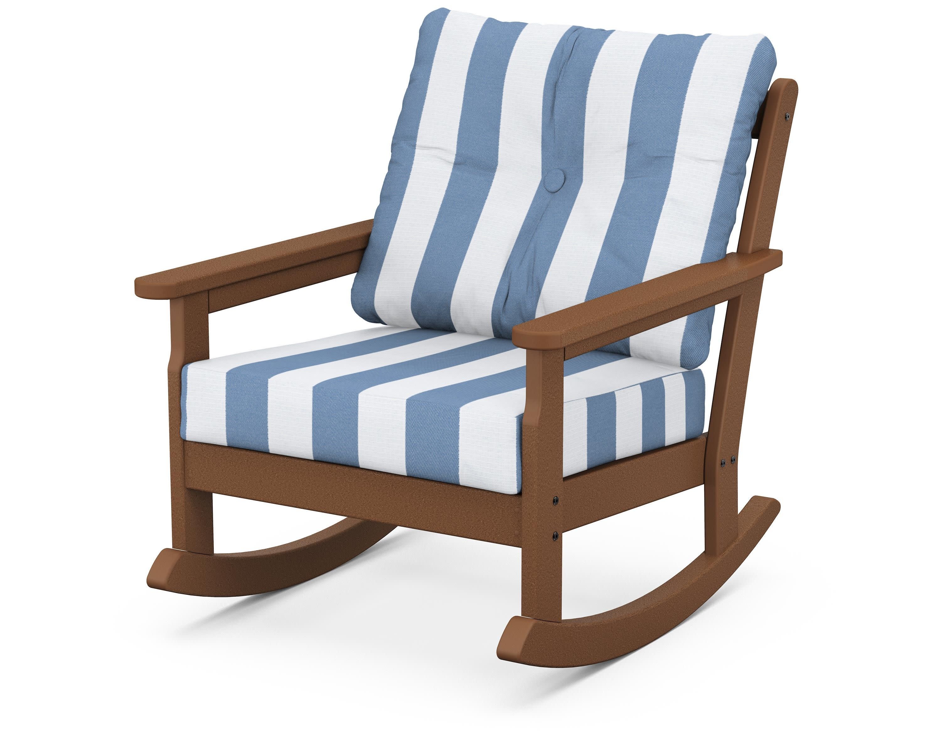 Vineyard Deep Seating Rocking Chair in Teak / Cabana Stripe Sky Blue