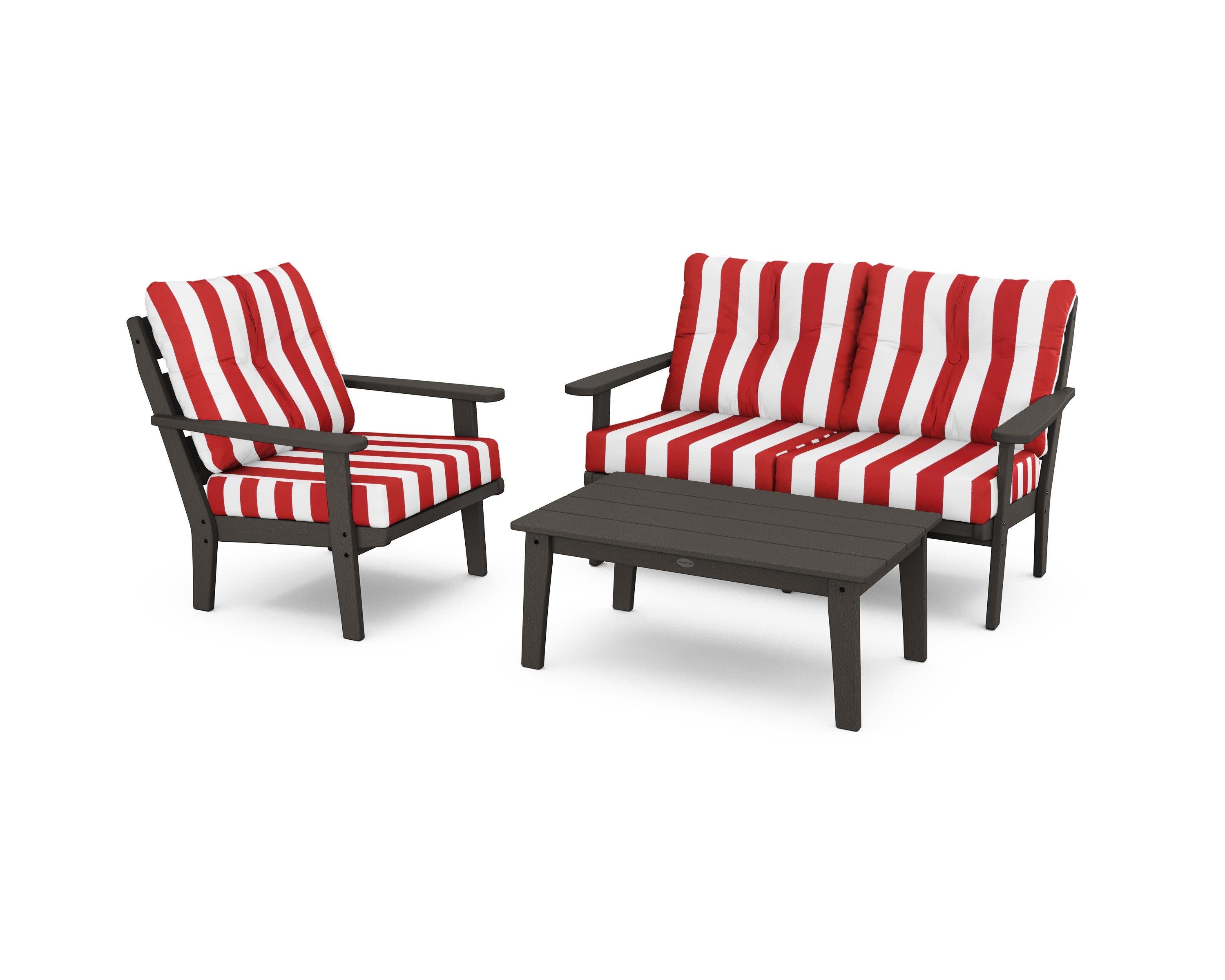 Lakeside 3-Piece Deep Seating Set in Vintage Coffee / Cabana Stripe Crimson