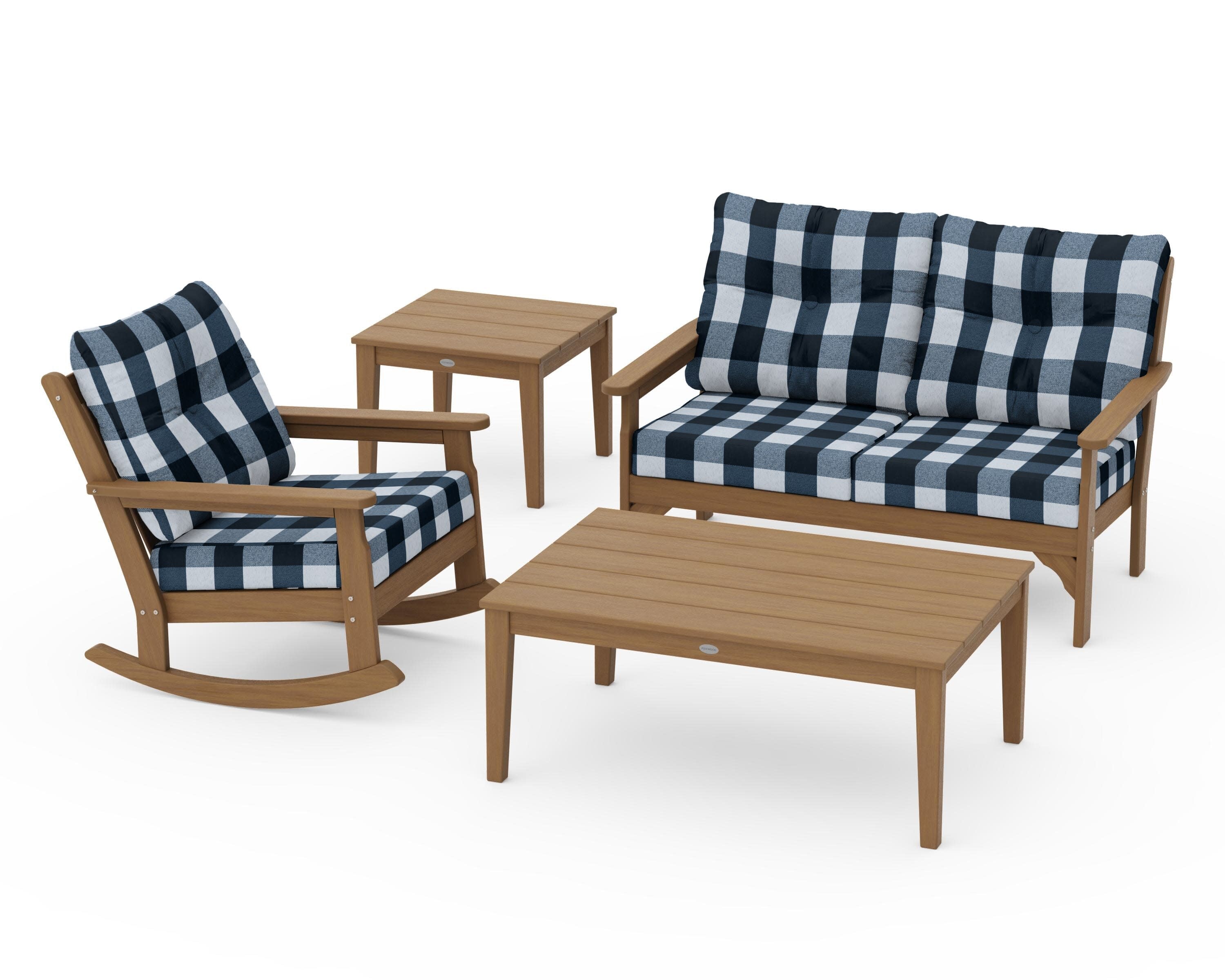 Vineyard 4-Piece Deep Seating Rocker Set in Natural / Buffalo Plaid Marine Indigo
