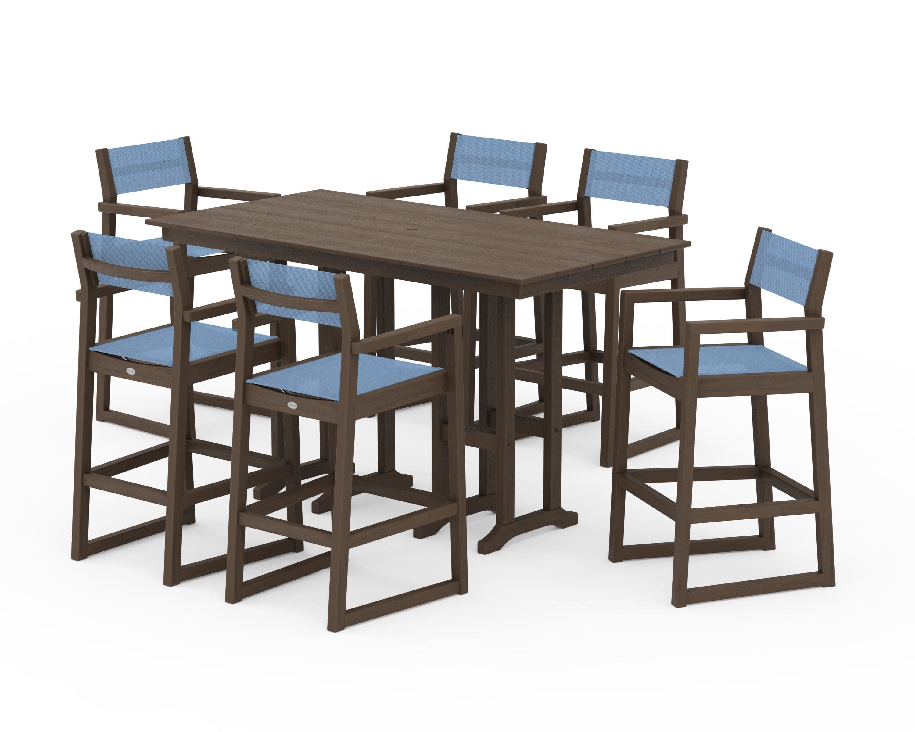 EDGE Sling Arm Chair 7-Piece Farmhouse Bar Set in Kona / Poolside Sling