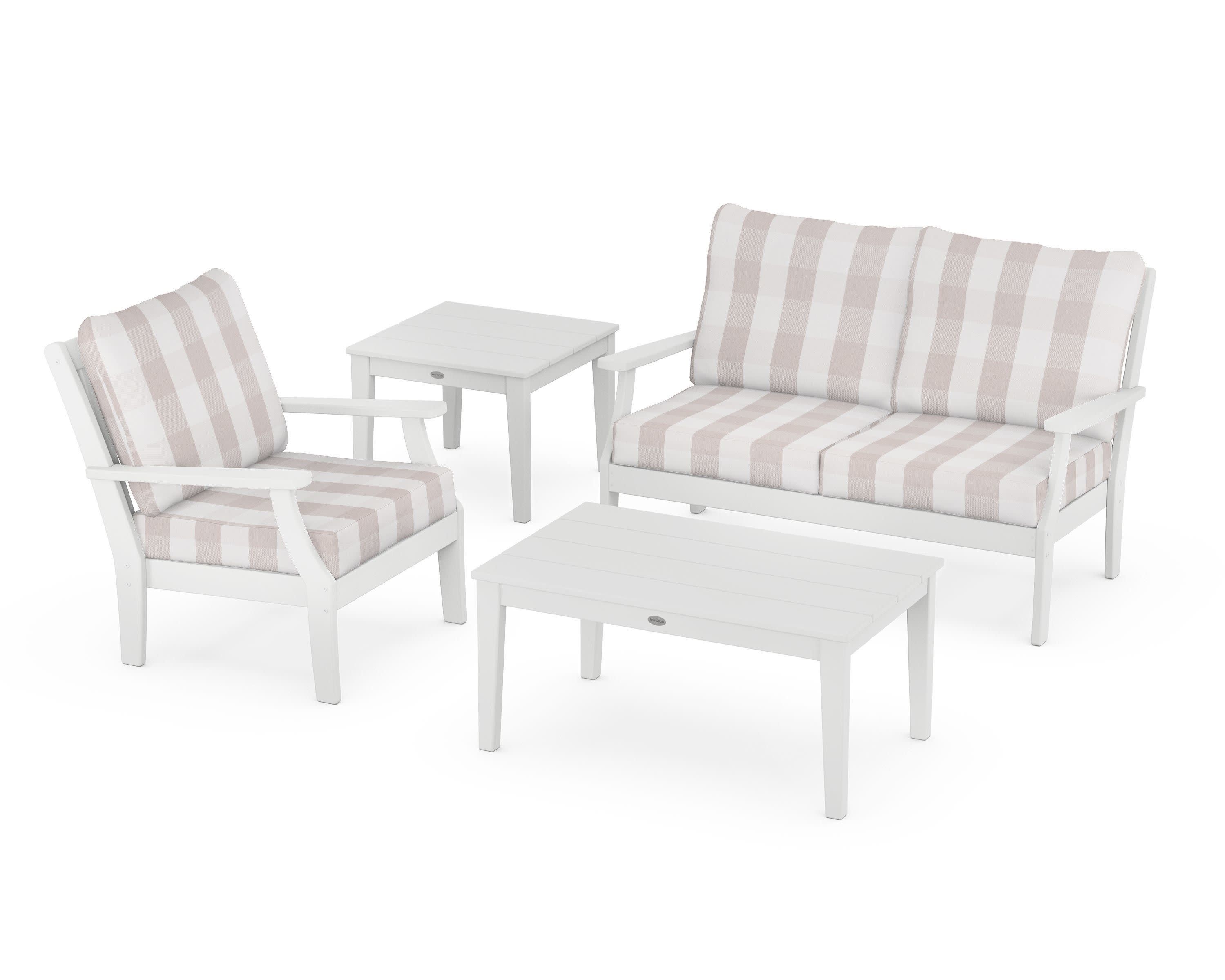 Braxton 4-Piece Deep Seating Set in White / Buffalo Plaid Dune Burlap
