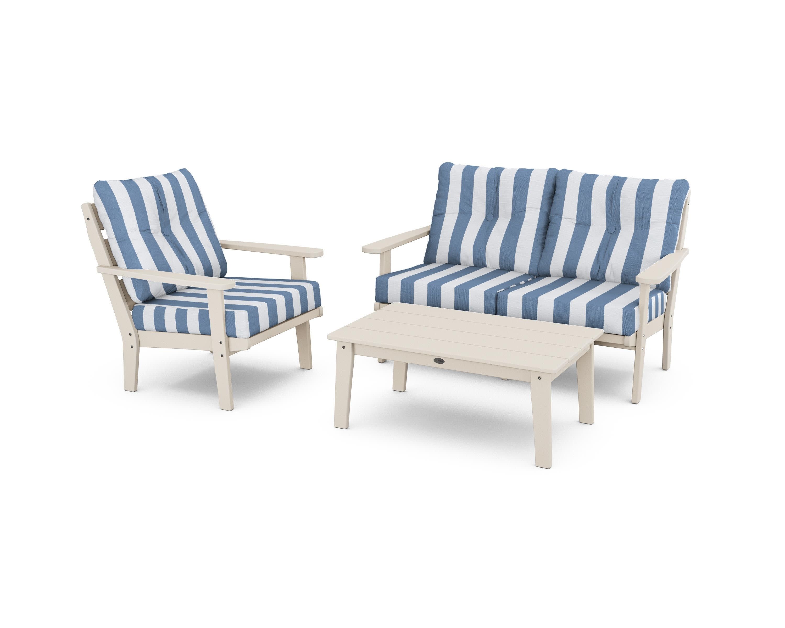 Lakeside 3-Piece Deep Seating Set in Sand / Cabana Stripe Sky Blue