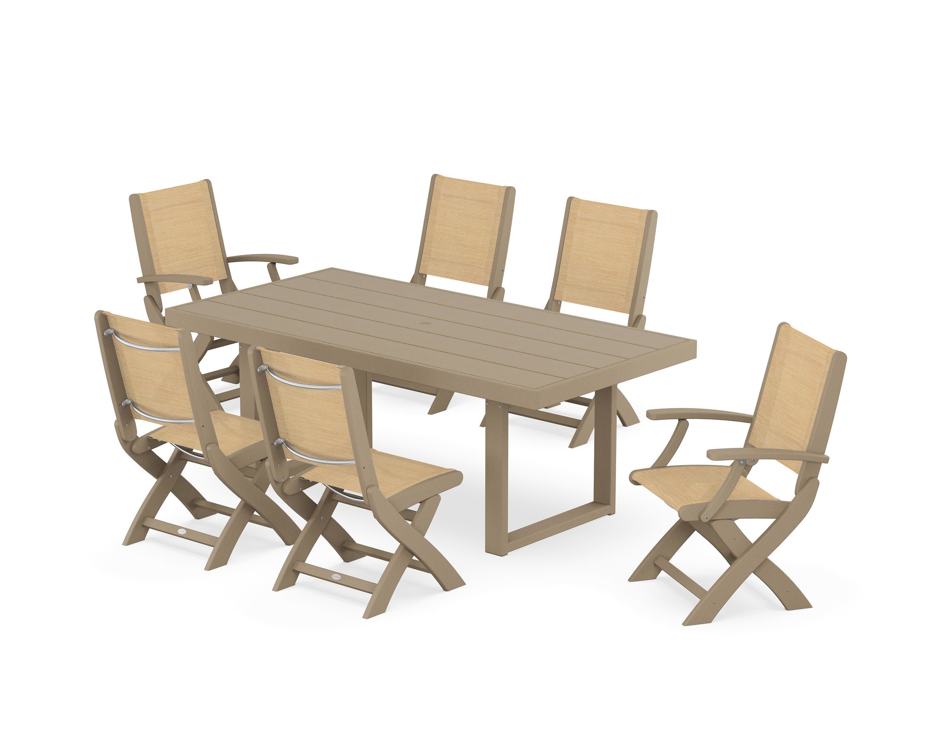 Coastal Folding Chair 7-Piece Dining Set with Trestle Legs in Vintage Sahara / Dupioni Apricot Sling