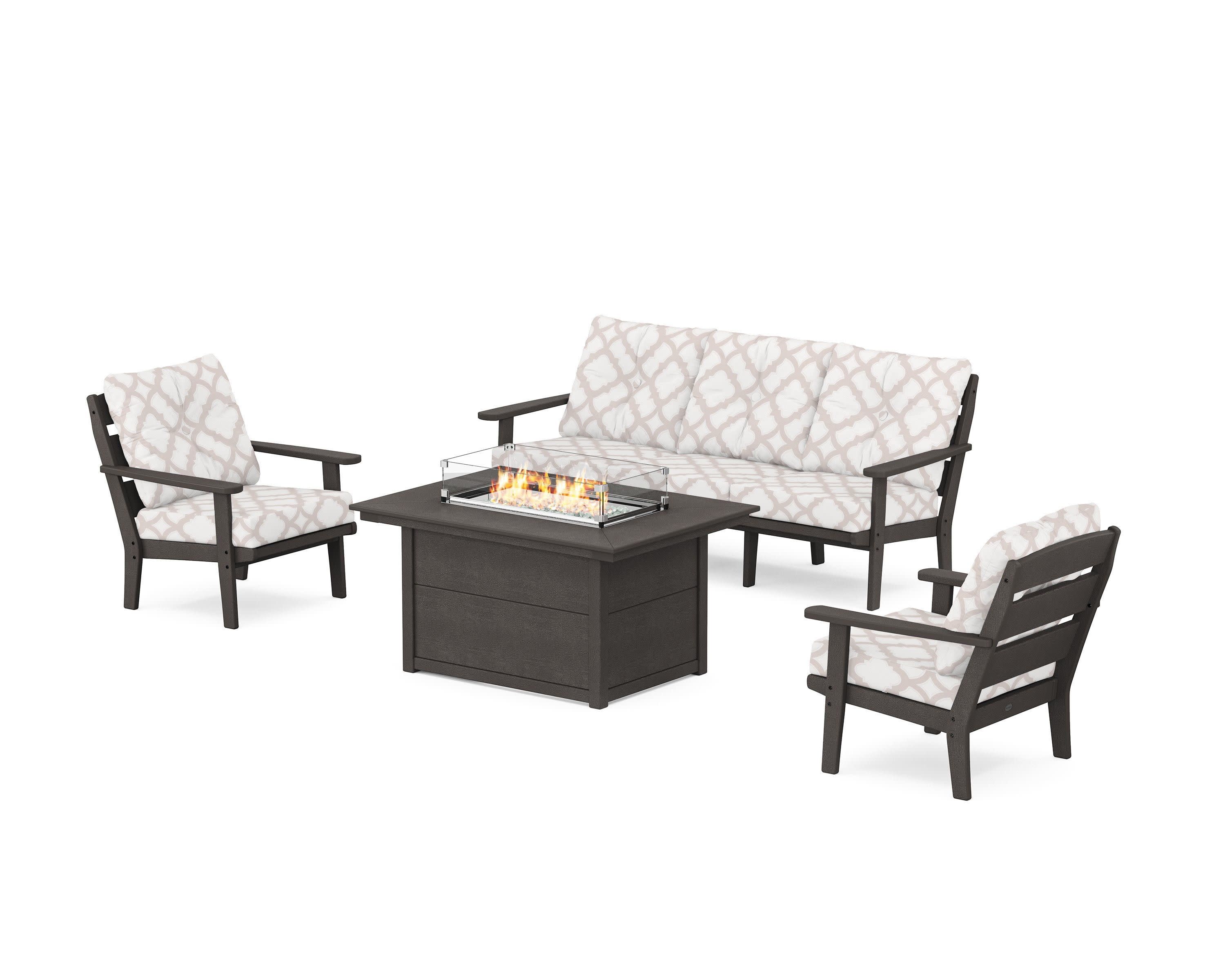 Lakeside Deep Seating Fire Pit Table Set in Vintage Coffee / Trellis Dune Burlap