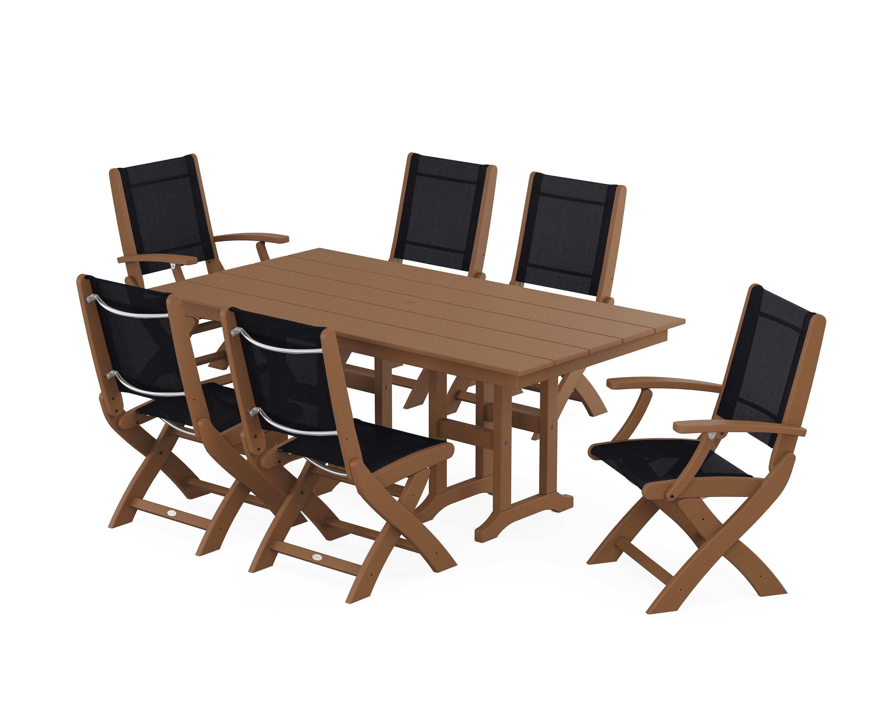 Coastal Folding Chair 7-Piece Farmhouse Dining Set in Teak / Black Sling