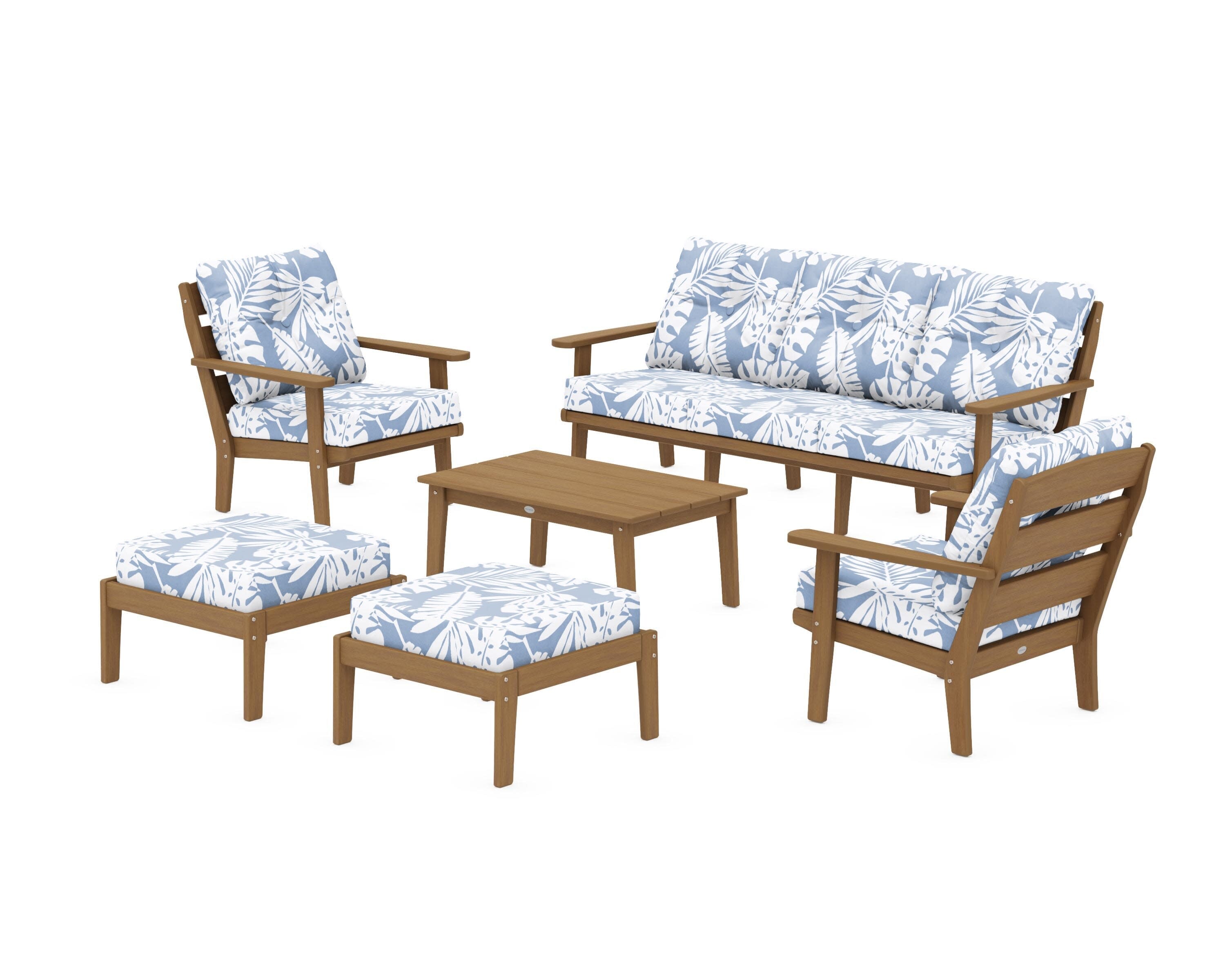 Lakeside 6-Piece Lounge Sofa Set in Natural / Leaf Sky Blue