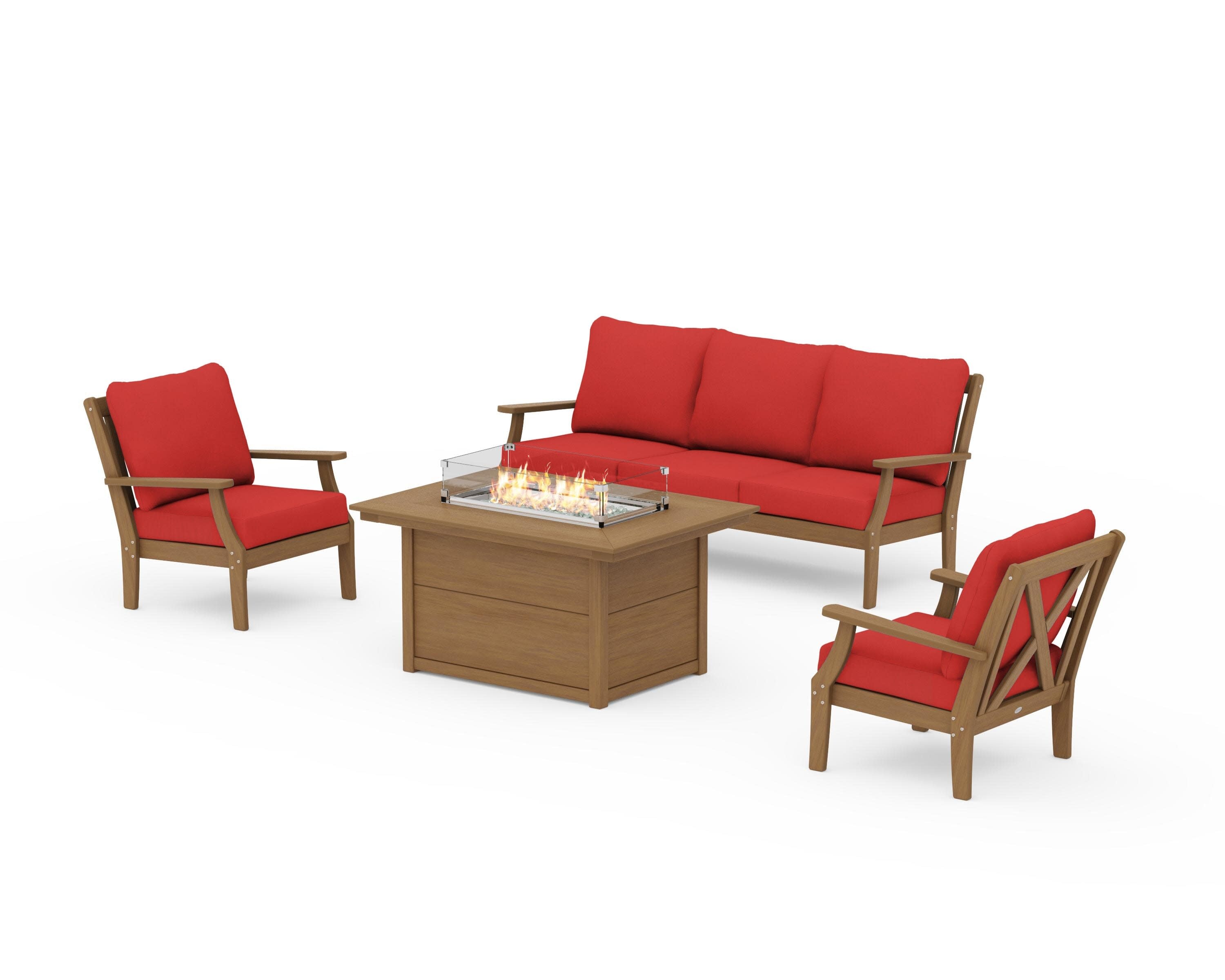 Braxton Deep Seating Fire Pit Table Set in Natural / Crimson Linen