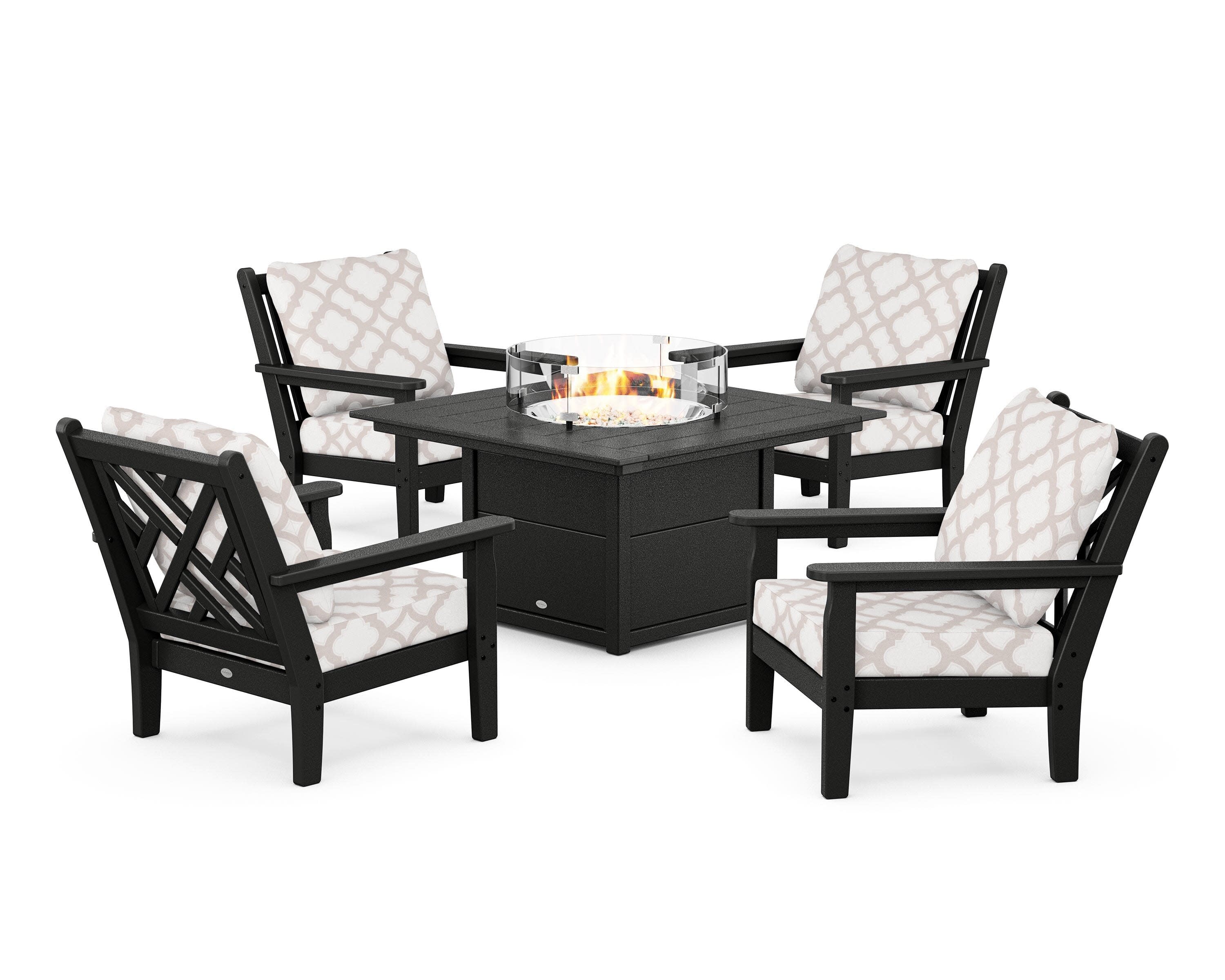 Chippendale 5-Piece Deep Seating Set with Fire Pit Table in Black / Trellis Dune Burlap