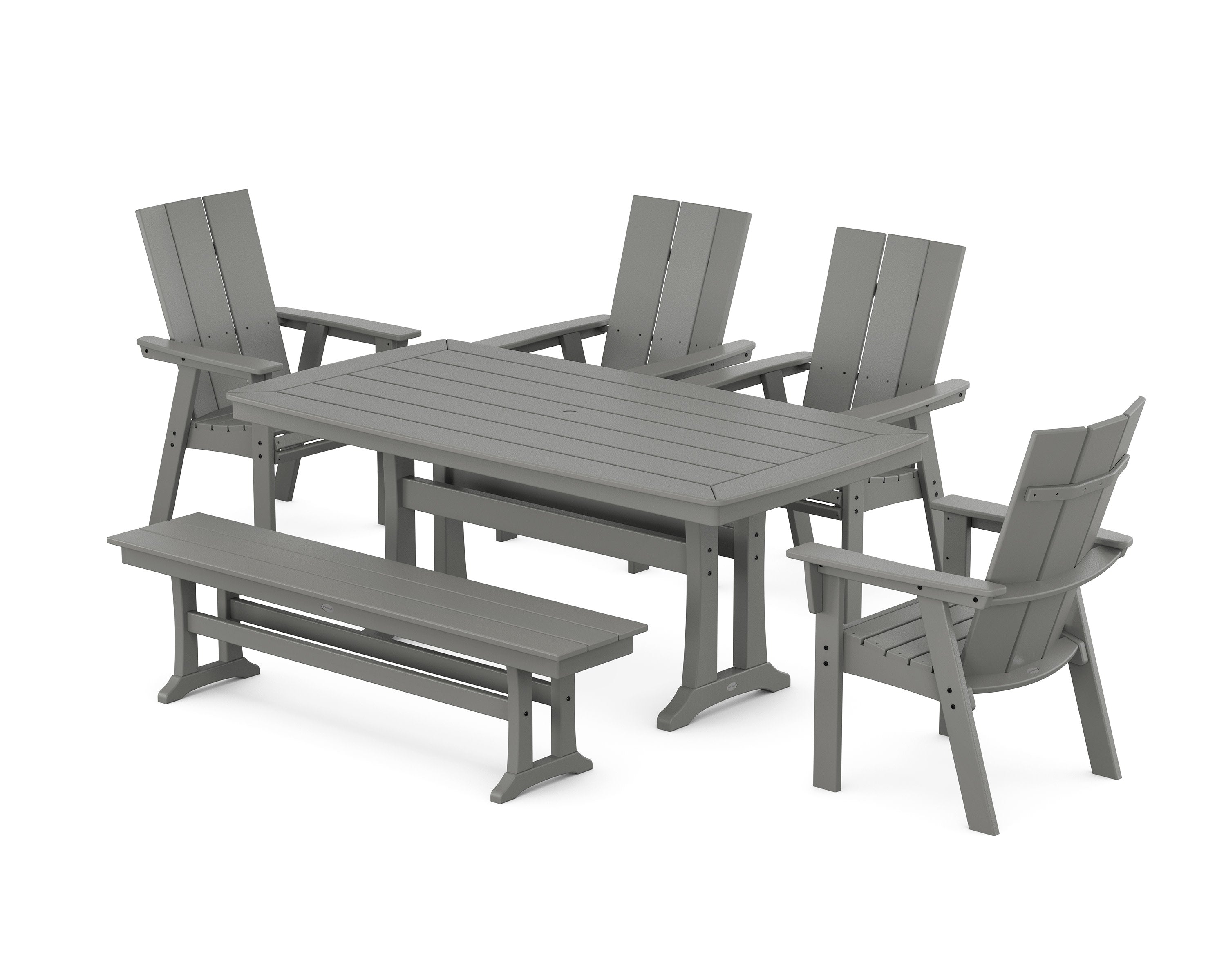 Modern Curveback Adirondack 6-Piece Farmhouse Dining Set with Trestle Legs and Bench in Slate Grey