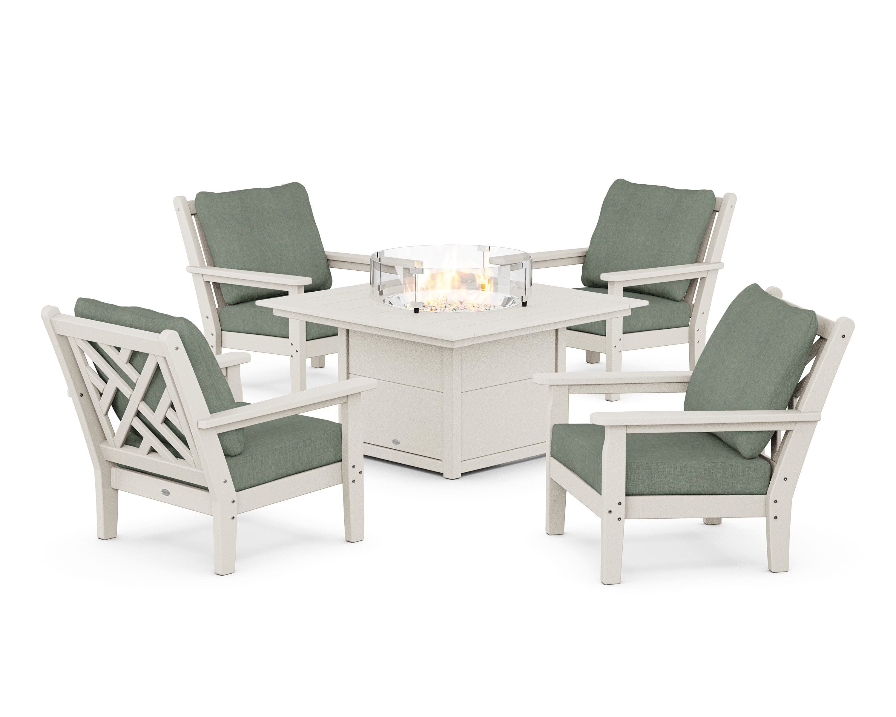 Chippendale 5-Piece Deep Seating Set with Fire Pit Table in Sand / Cast Sage