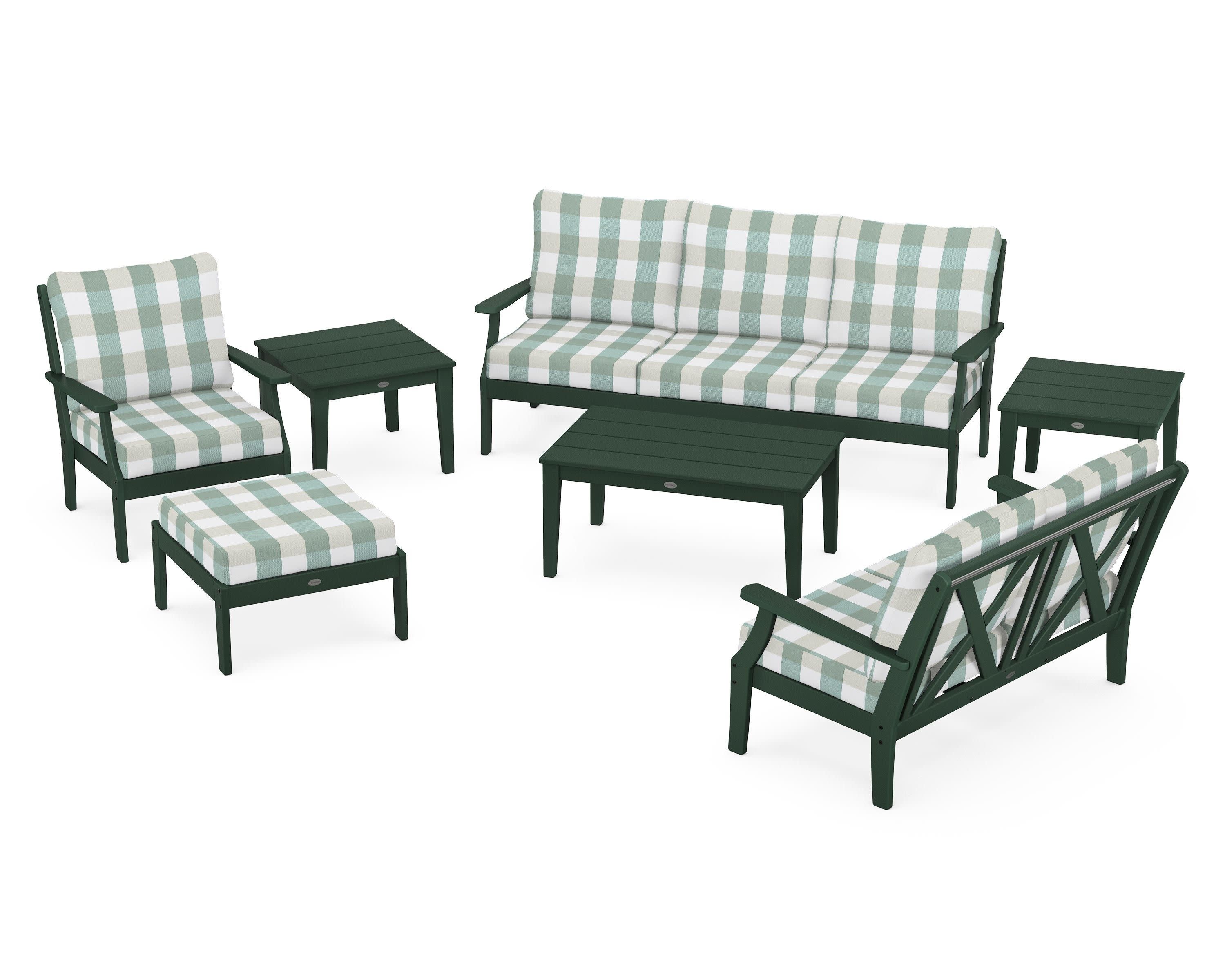 Braxton 7-Piece Deep Seating Set in Green / Buffalo Plaid Glacier Spa